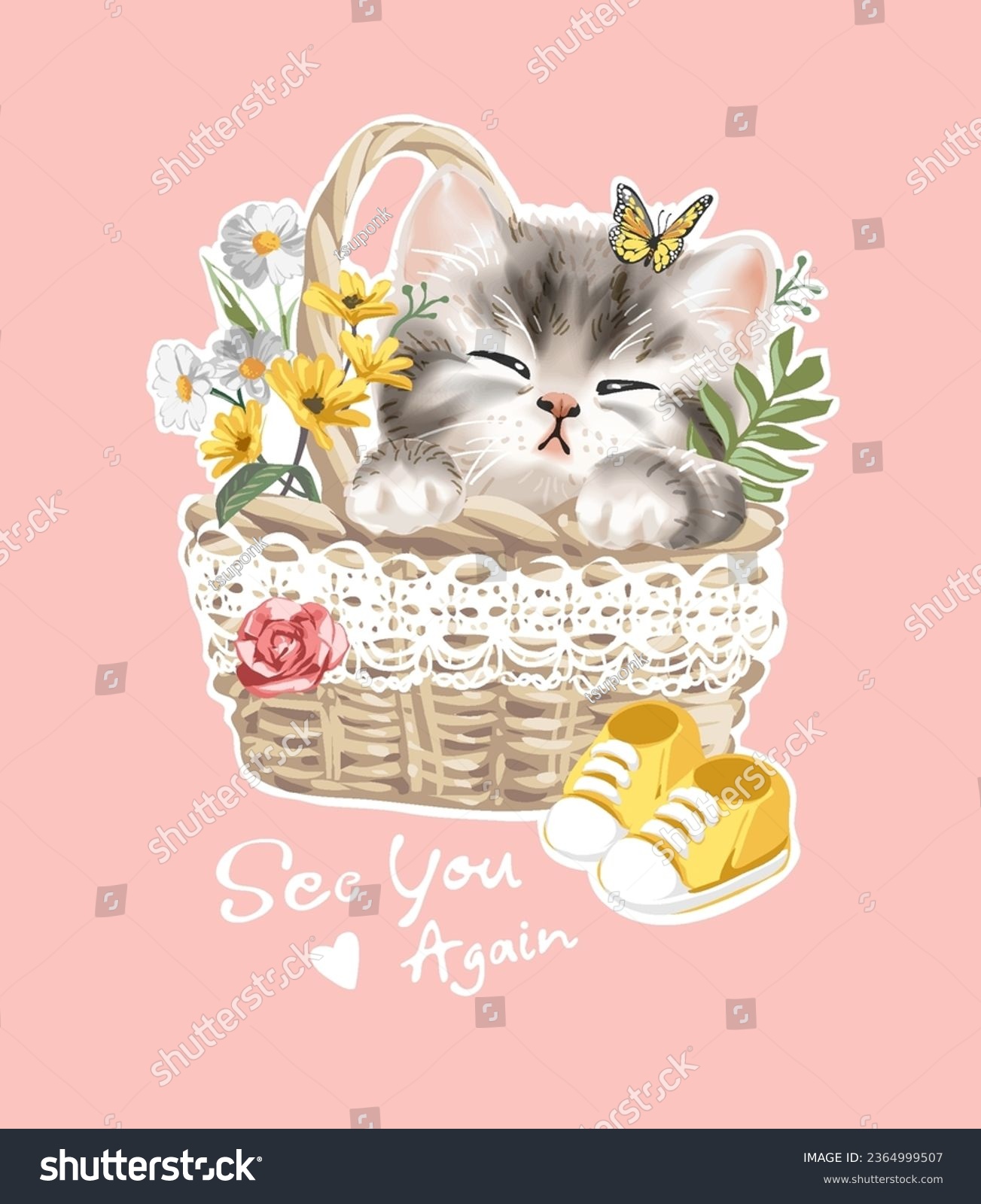 SVG of see you again calligraphy slogan with cute kitten sleep in flower woven basket vector illustration svg