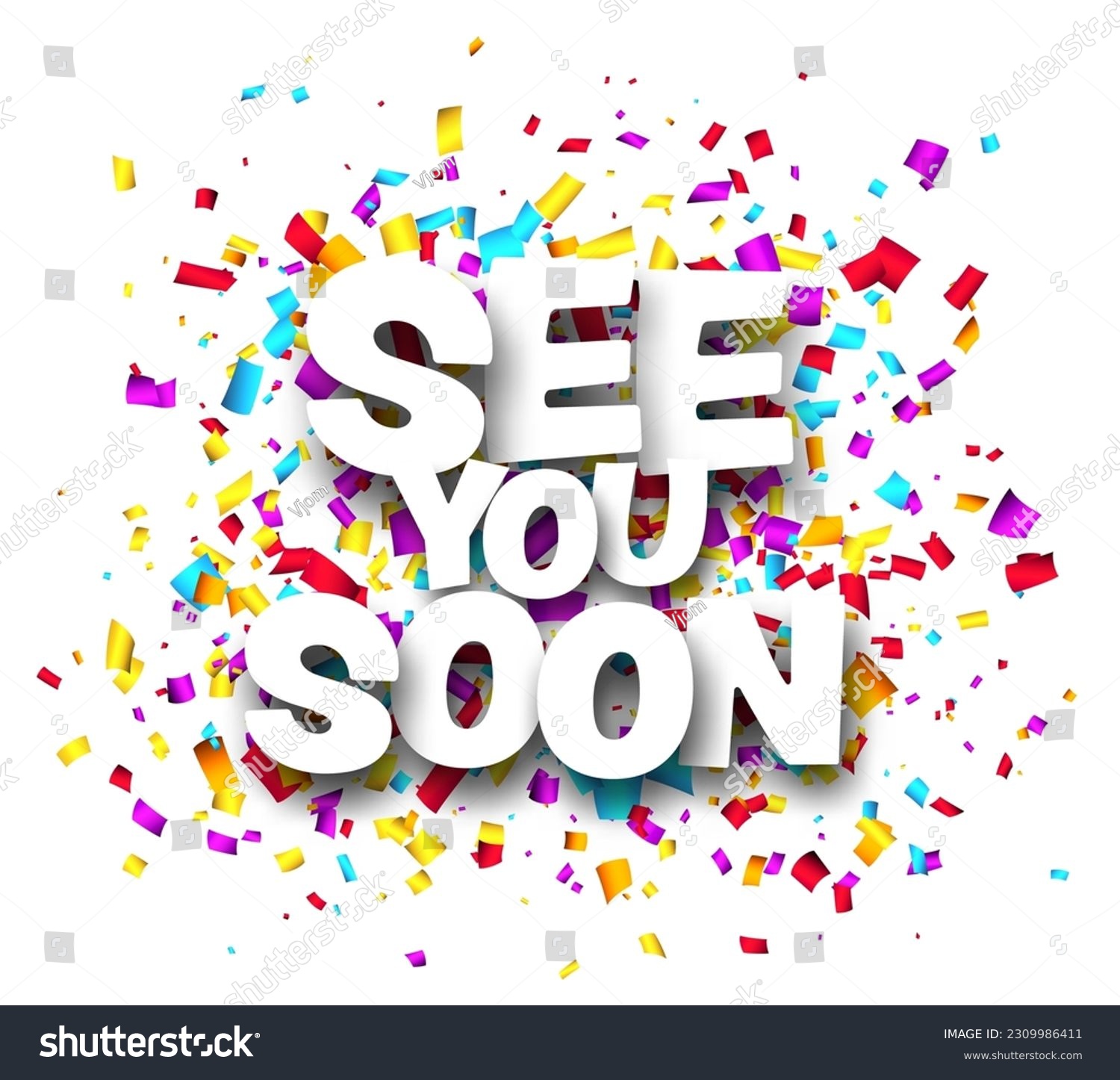 SVG of See you soon sign on colorful cut ribbon confetti background. Vector illustration. svg