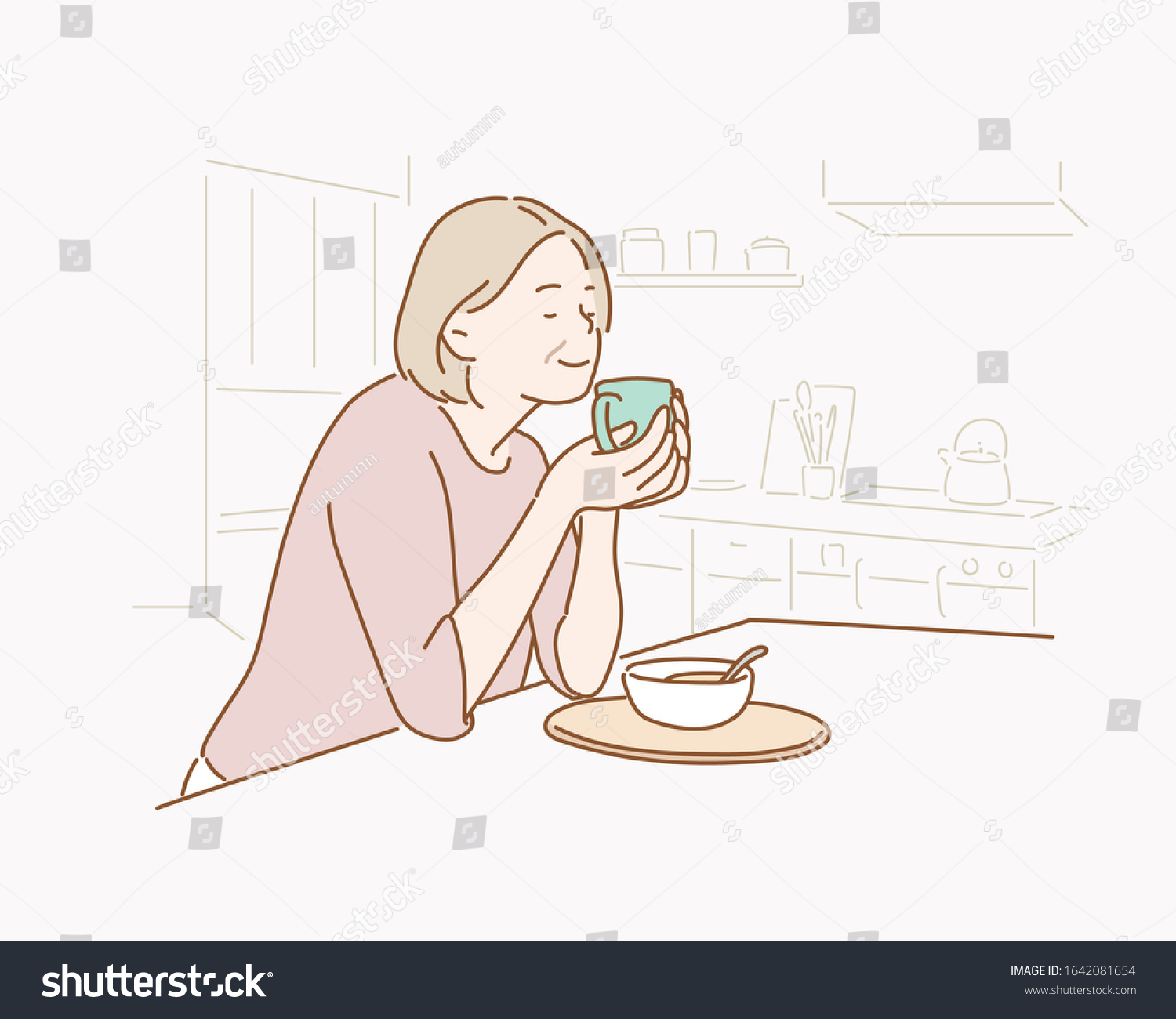 SVG of Seinor woman dinking hot tea. Hand drawn style vector design illustrations. svg