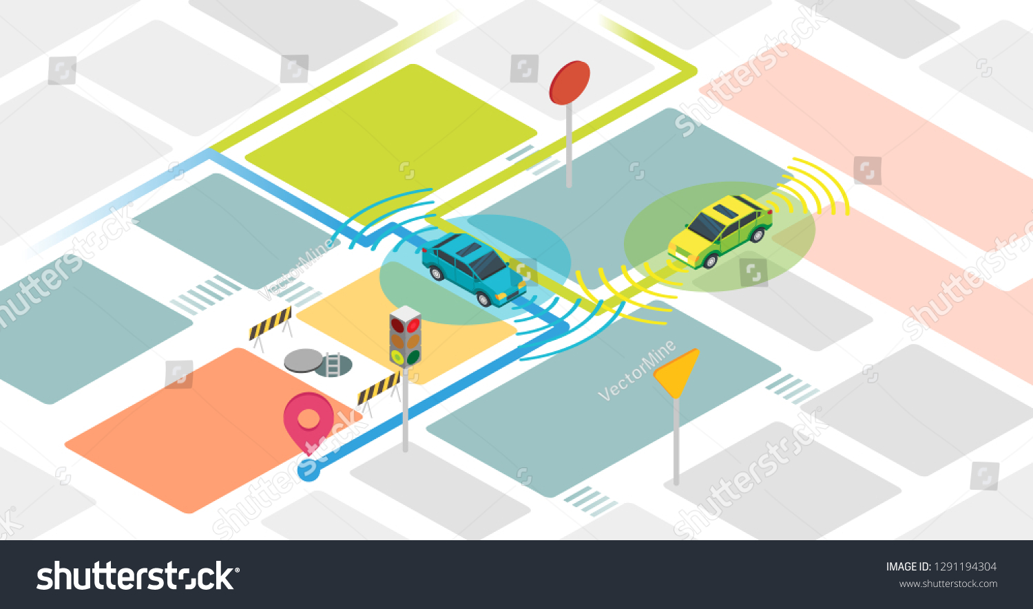 Self driving cars vector illustration. Example with self driving vehicles. Smart and intelligent autonomous transport to reach destination safe without driver and control. GPS auto navigation system.