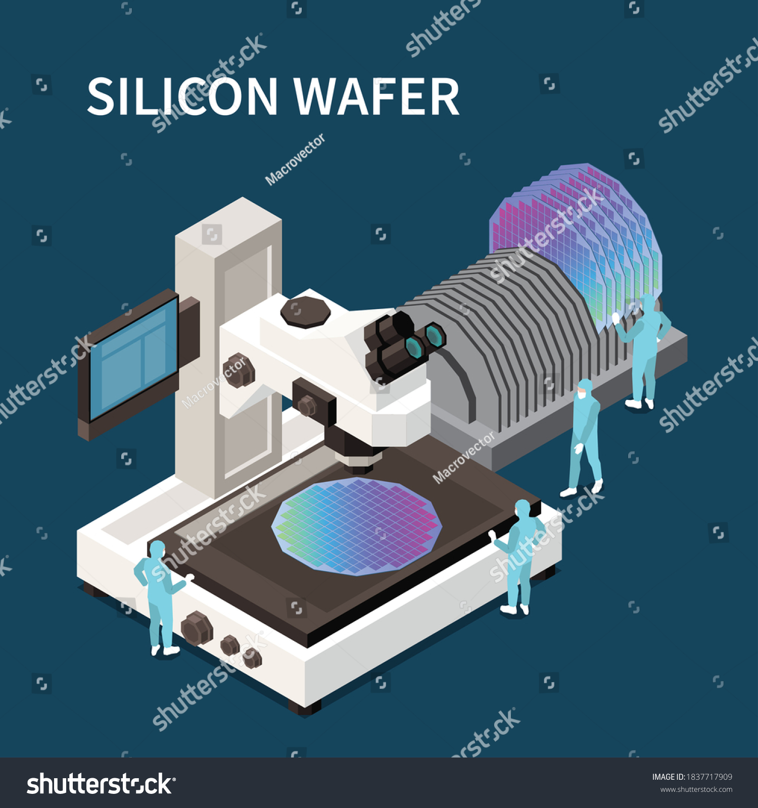 SVG of Semiconductor chip production isometric composition with editable text and factory apparatus surrounded by small worker characters vector illustration svg