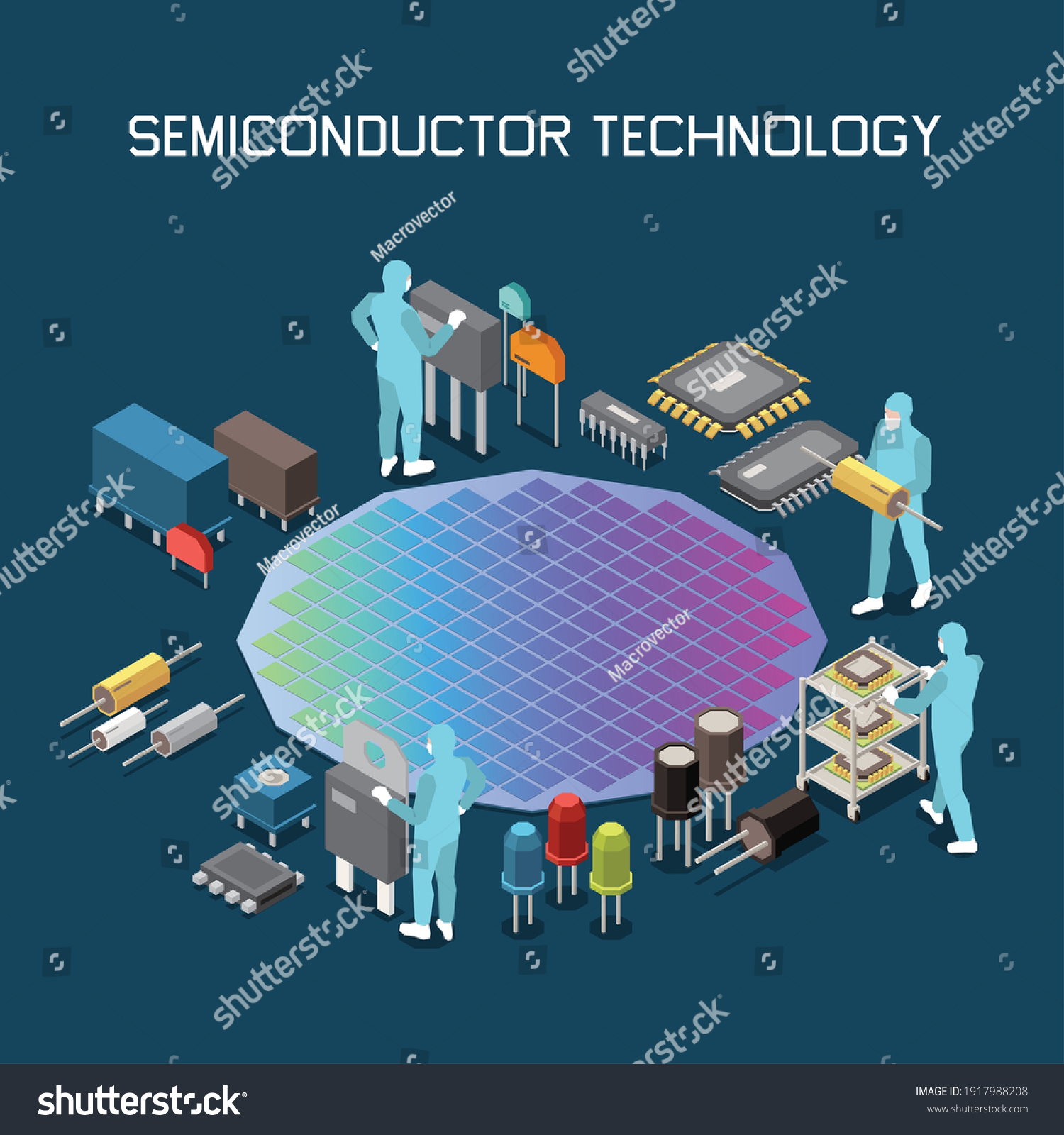 SVG of Semiconductor chip production isometric composition with editable text and gradient colored silicon wafer with circuit icons vector illustration svg