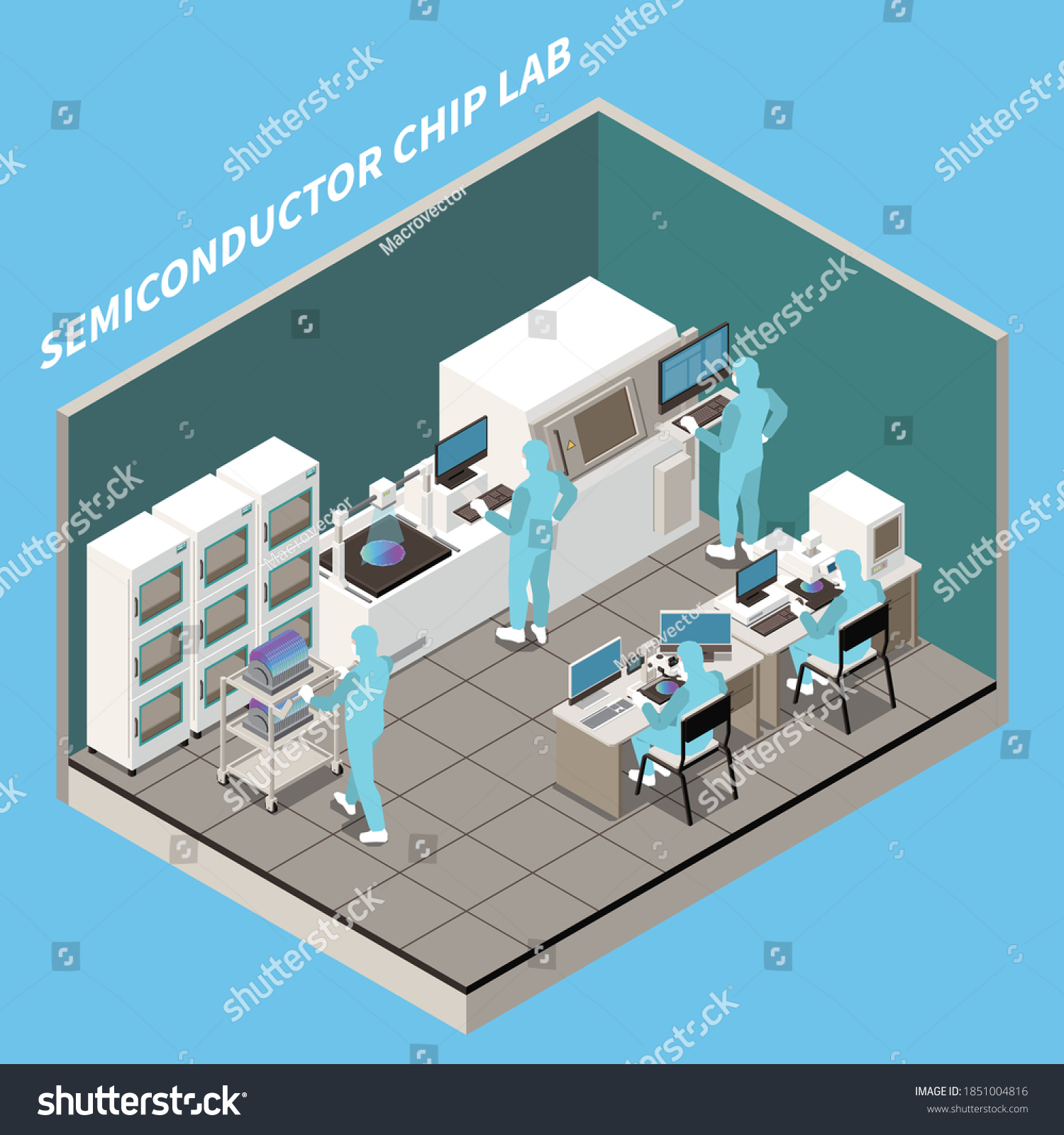 SVG of Semiconductor chip production isometric composition with text and indoor view of laboratory with workers and machinery vector illustration svg