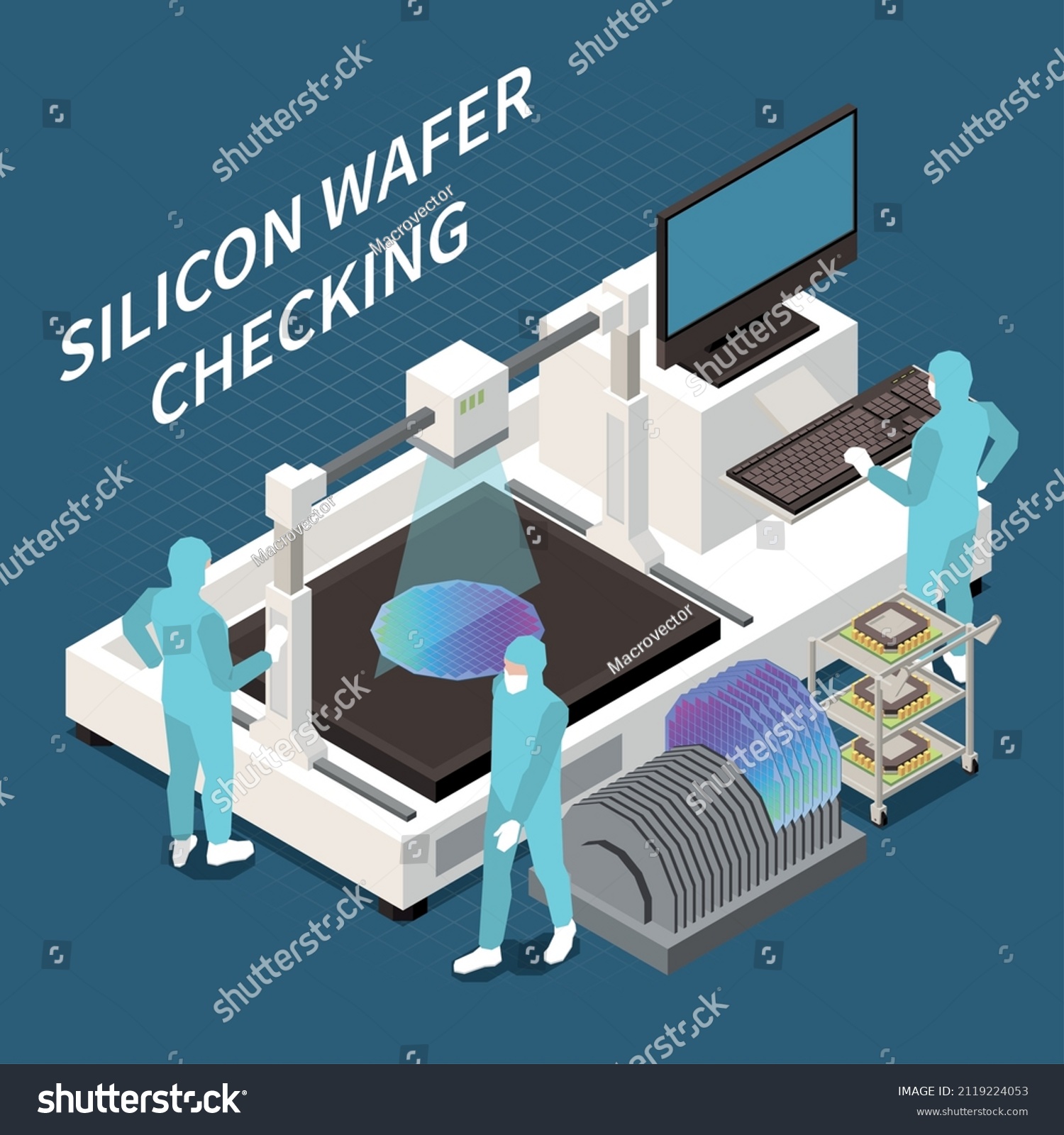 SVG of Semiconductor chip production isometric composition with three workers in chemical suits checking silicon wafers 3d vector illustration svg