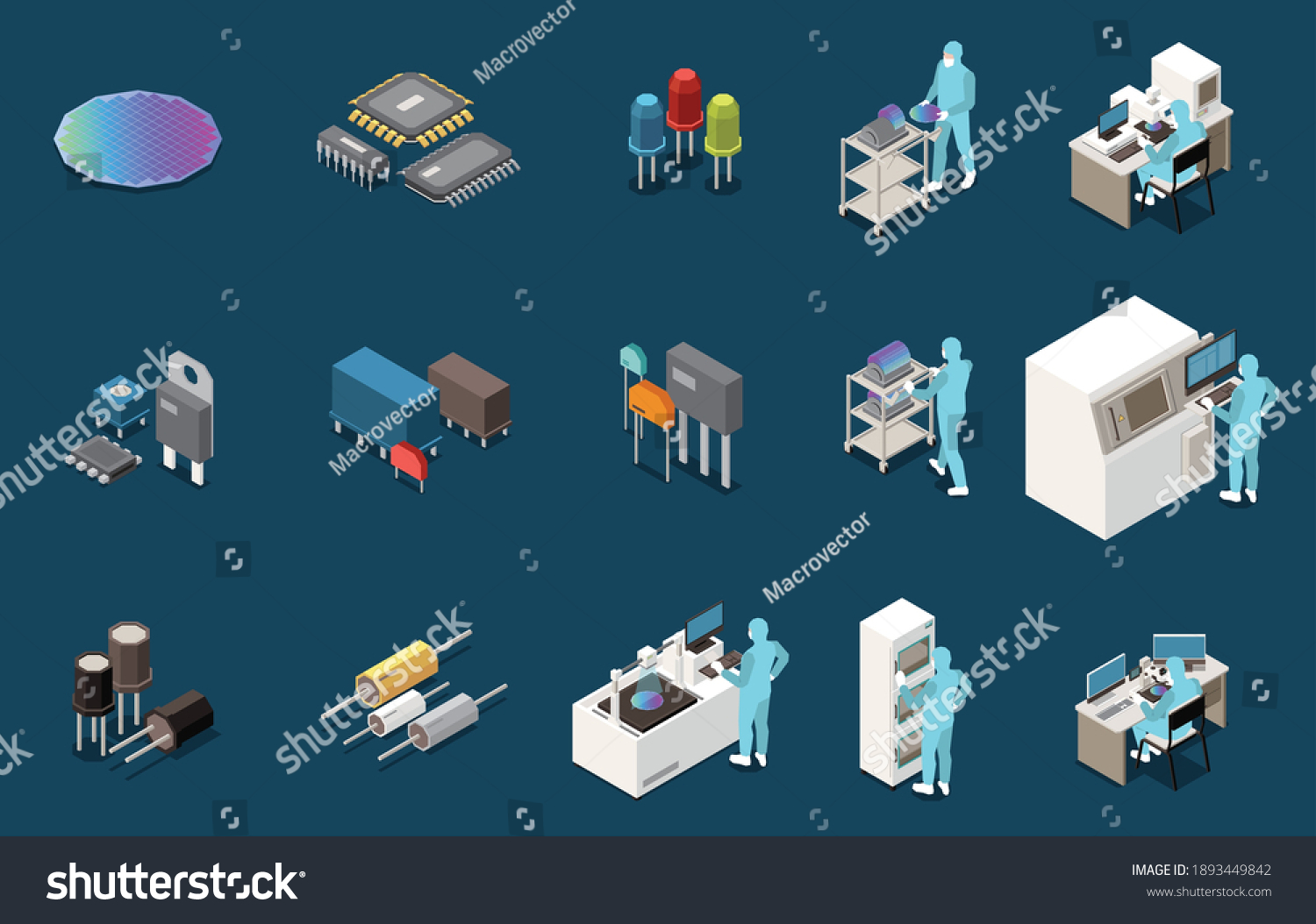 SVG of Semiconductor chip production isometric set with isolated icons of electronic components circuitry lab equipment and workers vector illustration svg
