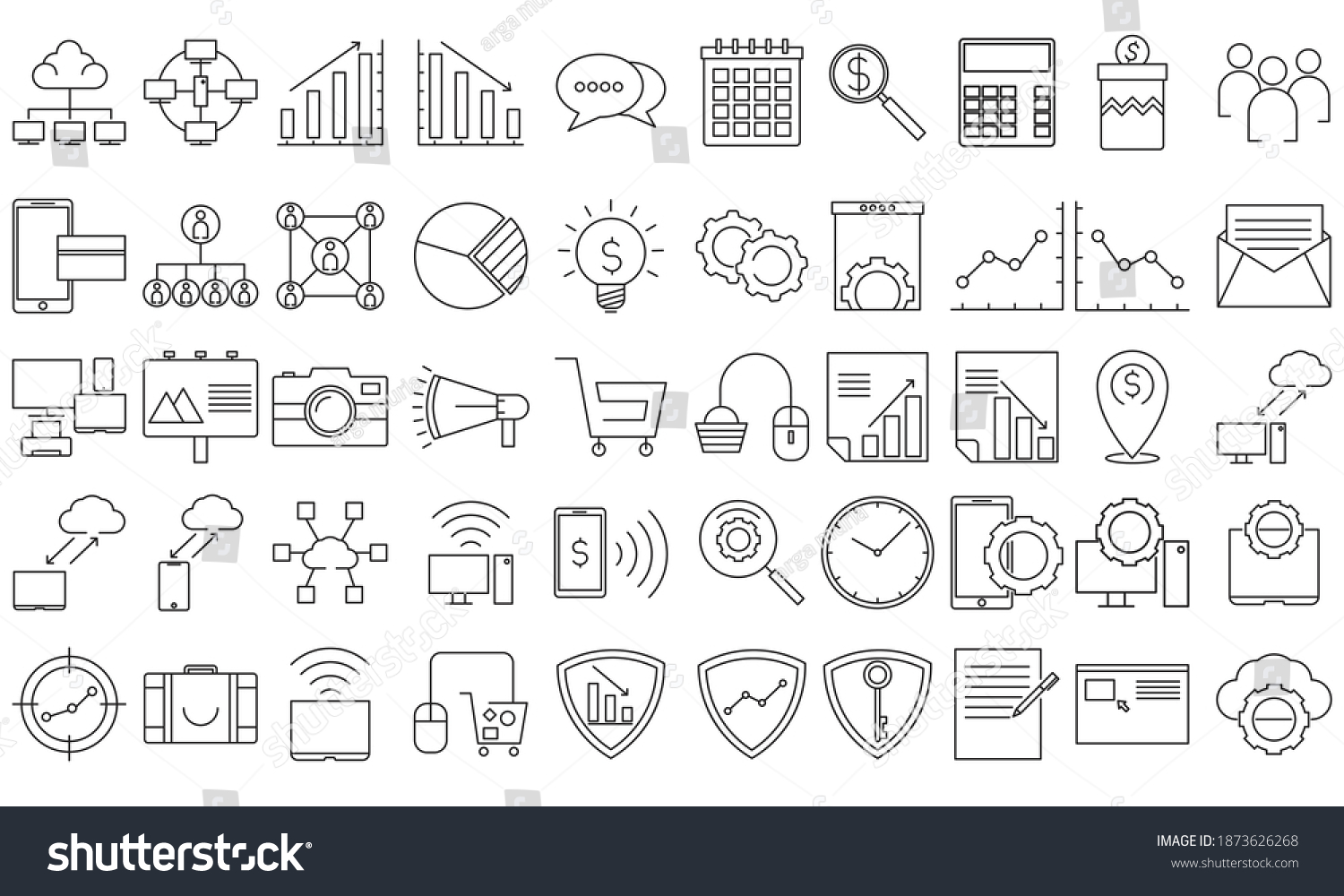 SVG of SEO and Marketing tin black outline Icons set. Contains such as Mail Marketing, people, cloud connections, Target Audience, Product Presentation and more. Vector EPS 10 ready convet to SVG. svg
