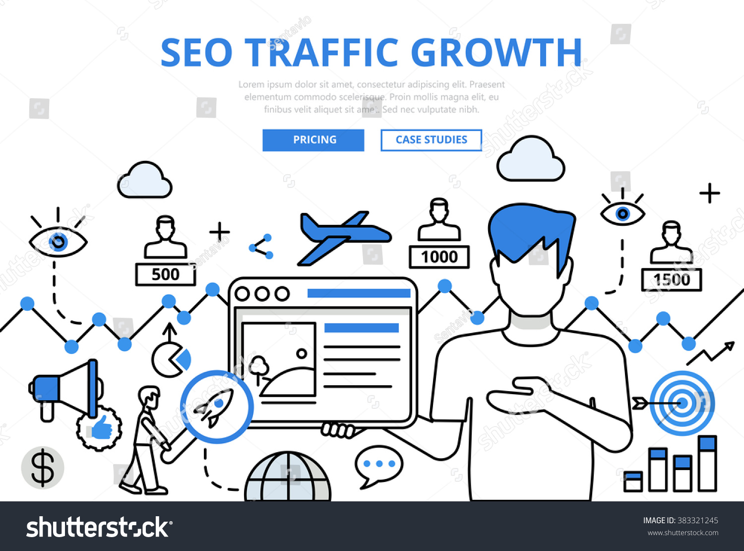 Line Art Website : Seo traffic growth concept flat line stock vector
