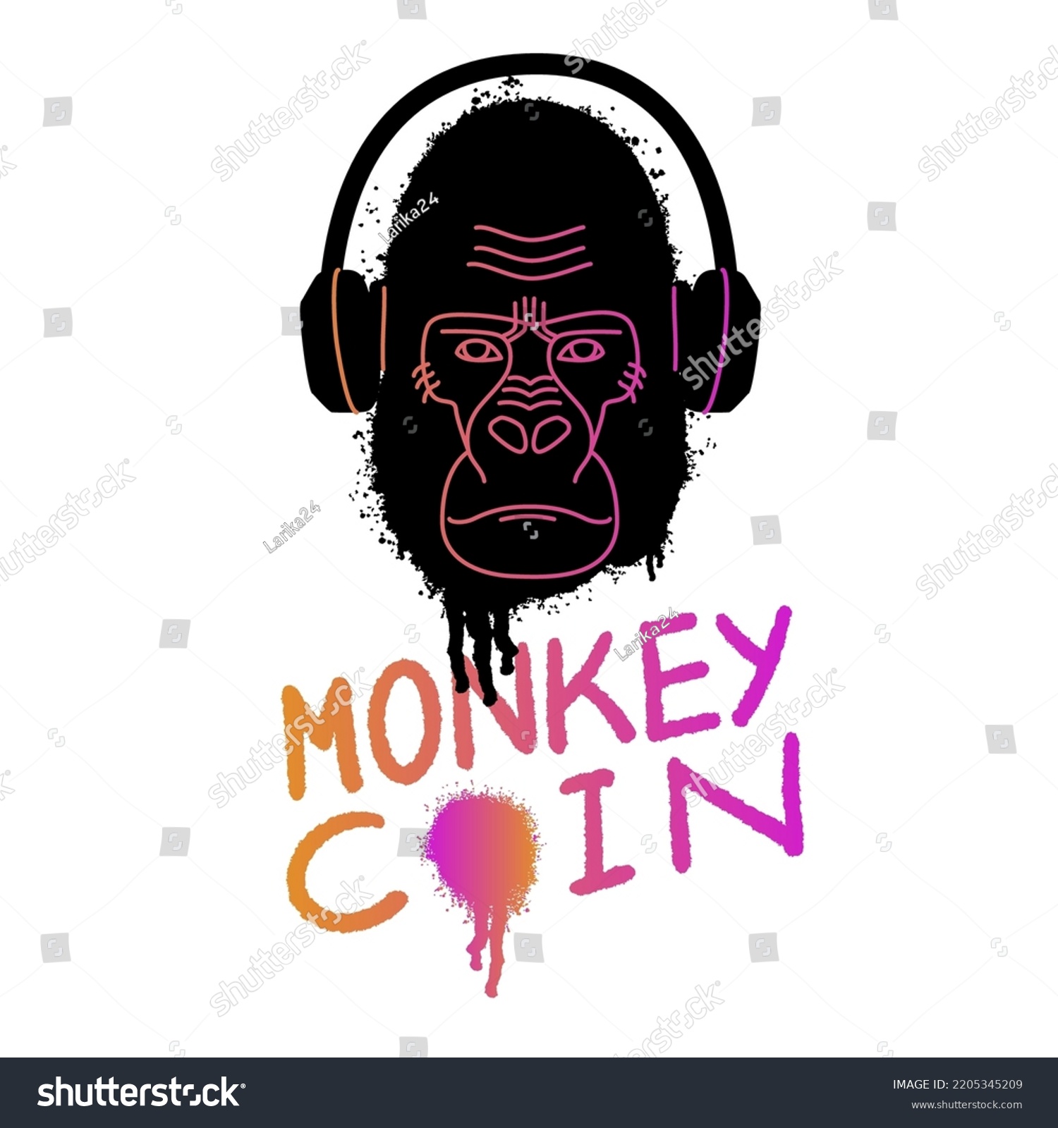 SVG of Serious Ape face with headphones  in Urban street graffiti style. Quote monkey coin. y2k style Monkey NFT. Textured illustration. Black logo isolated on white background. Vector illustration. svg