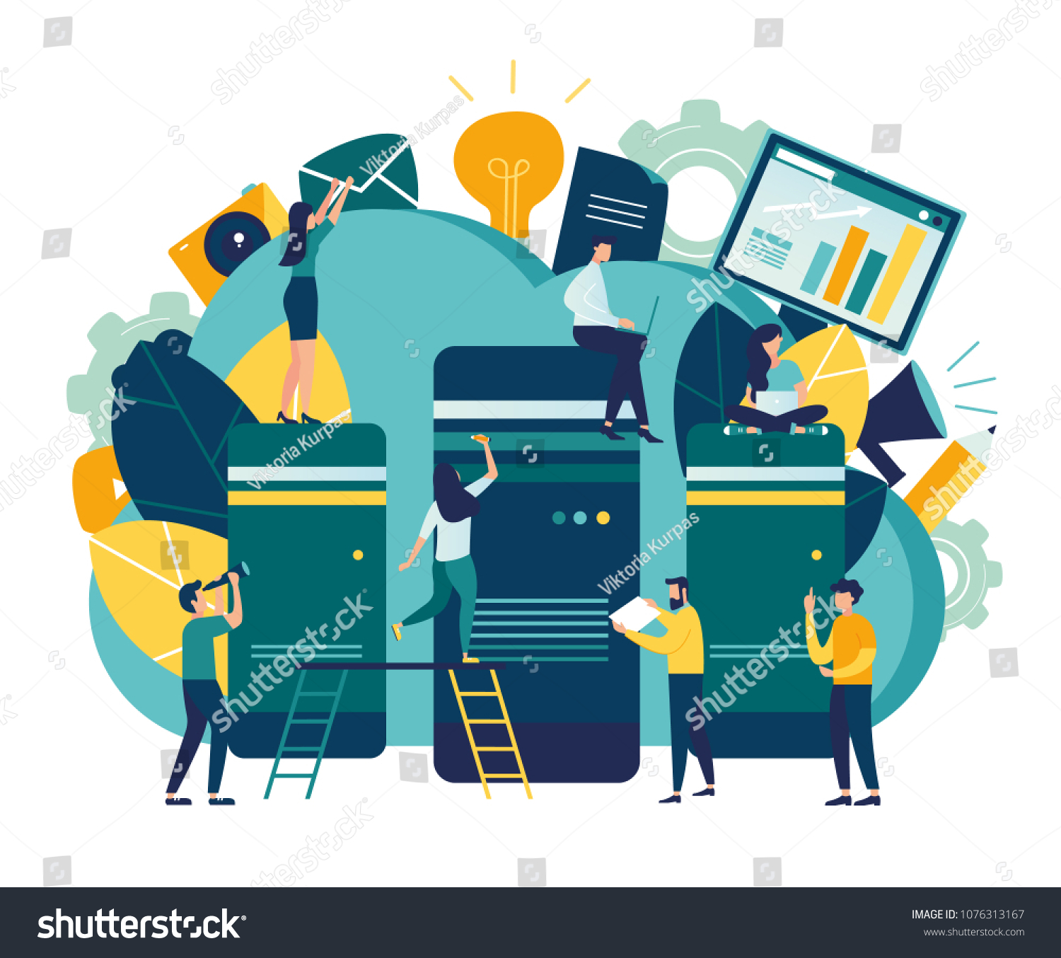 people working on data analysis, teal background clip art preview