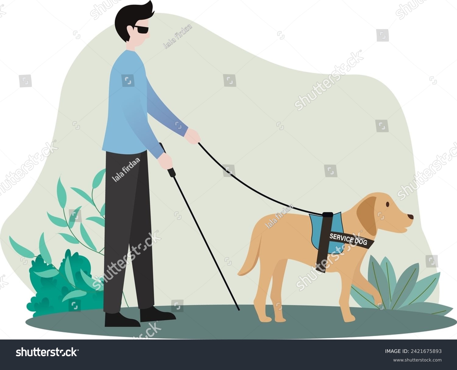 SVG of service dog directs blind man to walk, blind guy with dog guide walking in the park vector illustration, people with disabilities svg