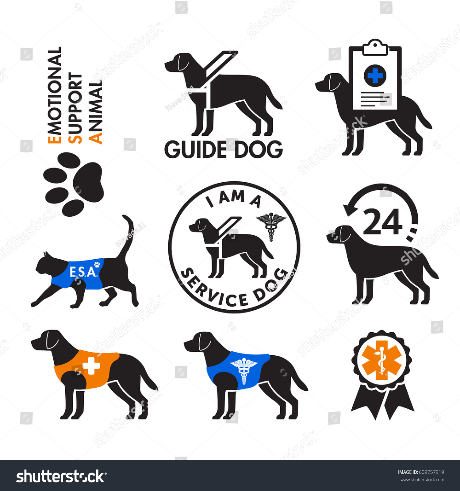 Service Dogs Emotional Support Animals Signs Stock Vector Royalty Free 609757919