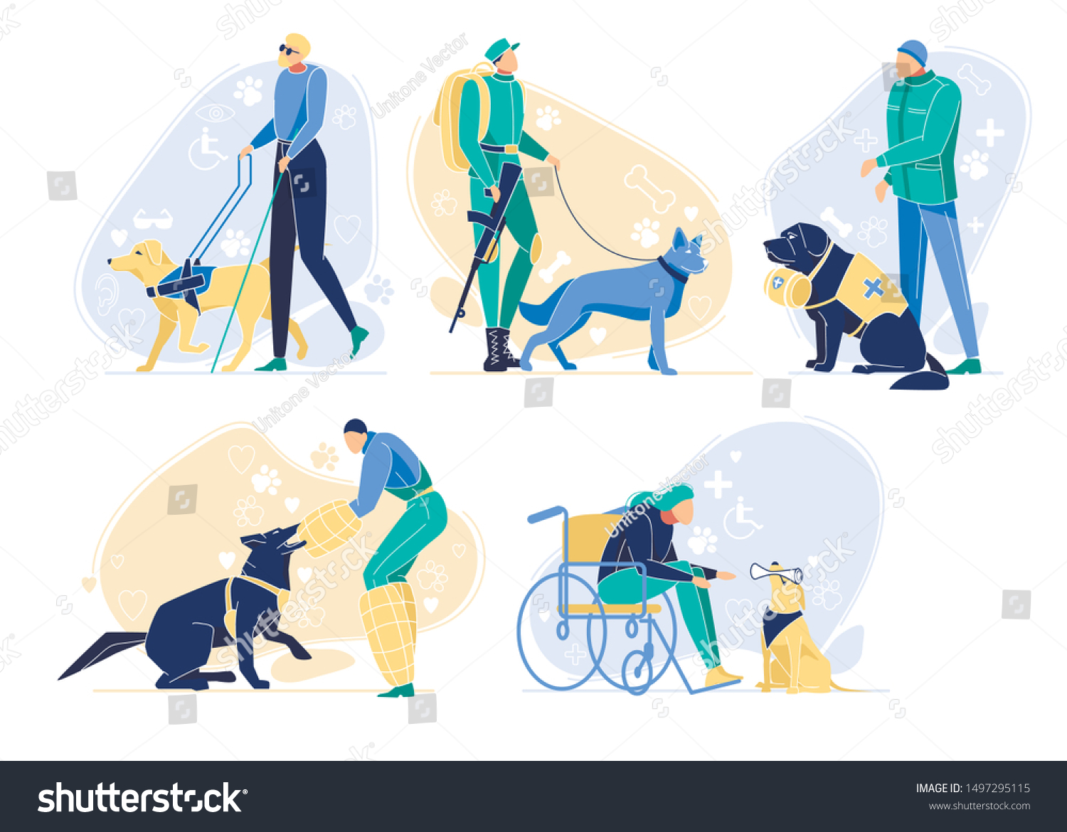 SVG of Serving Dogs with Owners Set. Pets Help People. Border Guard, Rescuer, Guide for Blind Man, Pet and Disabled Person in Wheelchair. Animals Professions in Human World. Cartoon Flat Vector Illustration svg