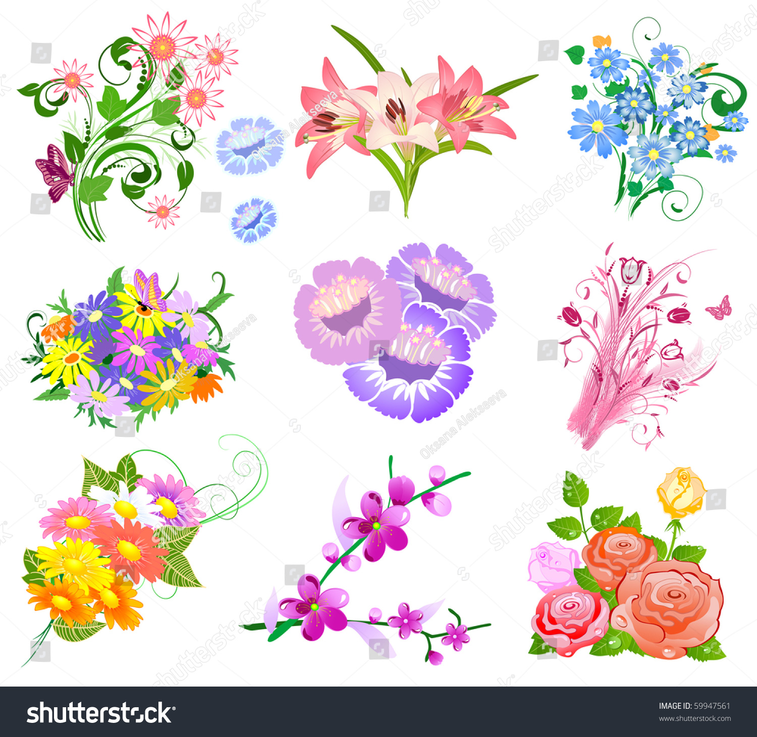 Set Bouquet Flowers Stock Vector 59947561 - Shutterstock