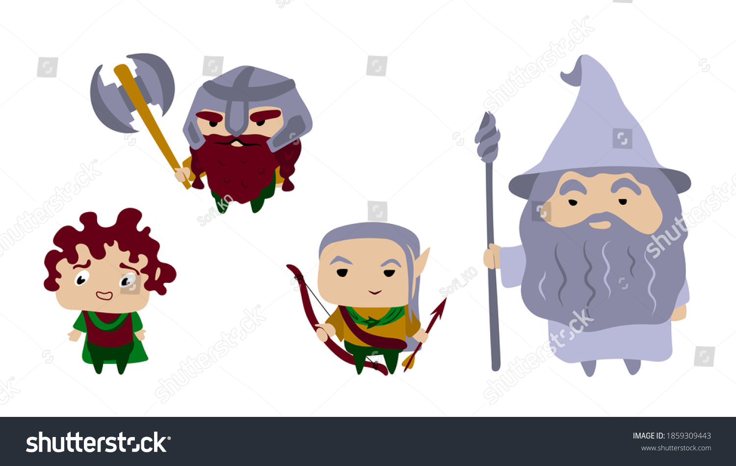 SVG of set. a hobbit, a dwarf with a battle ax, an elf with a bow and arrow, and a wizard in a gray robe with a staff and a hat Cartoon character Vector stock animation White background svg