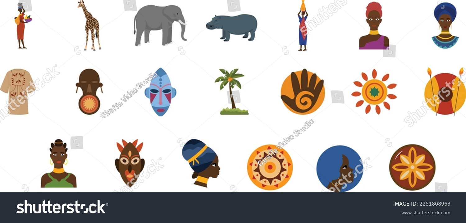 SVG of Set African stickers traditional hut with straw roof, baobab shield with spear, tribal mask, drum in cartoon style isolated on white background. Safari tribal collection, rural desert building svg