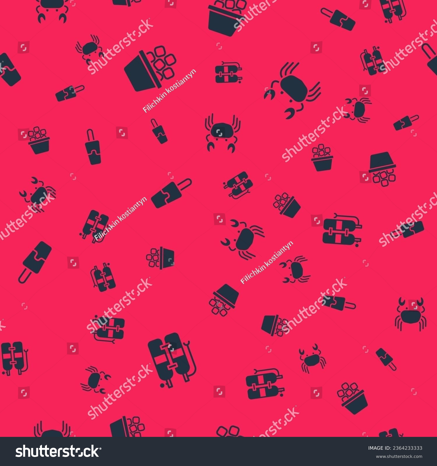 SVG of Set Aqualung, Ice bucket, cream and Crab on seamless pattern. Vector svg