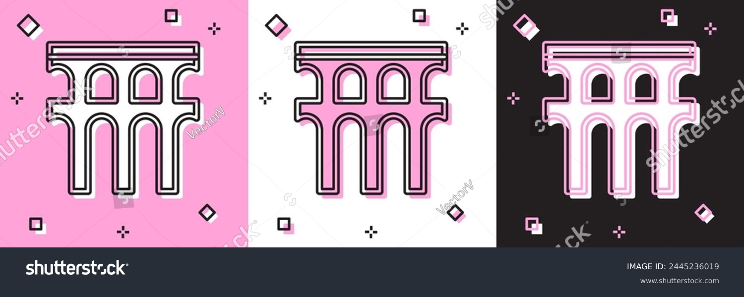 SVG of Set Aqueduct of Segovia, Spain icon isolated on pink and white, black background. Roman Aqueduct building. National symbol of Spain.  Vector svg