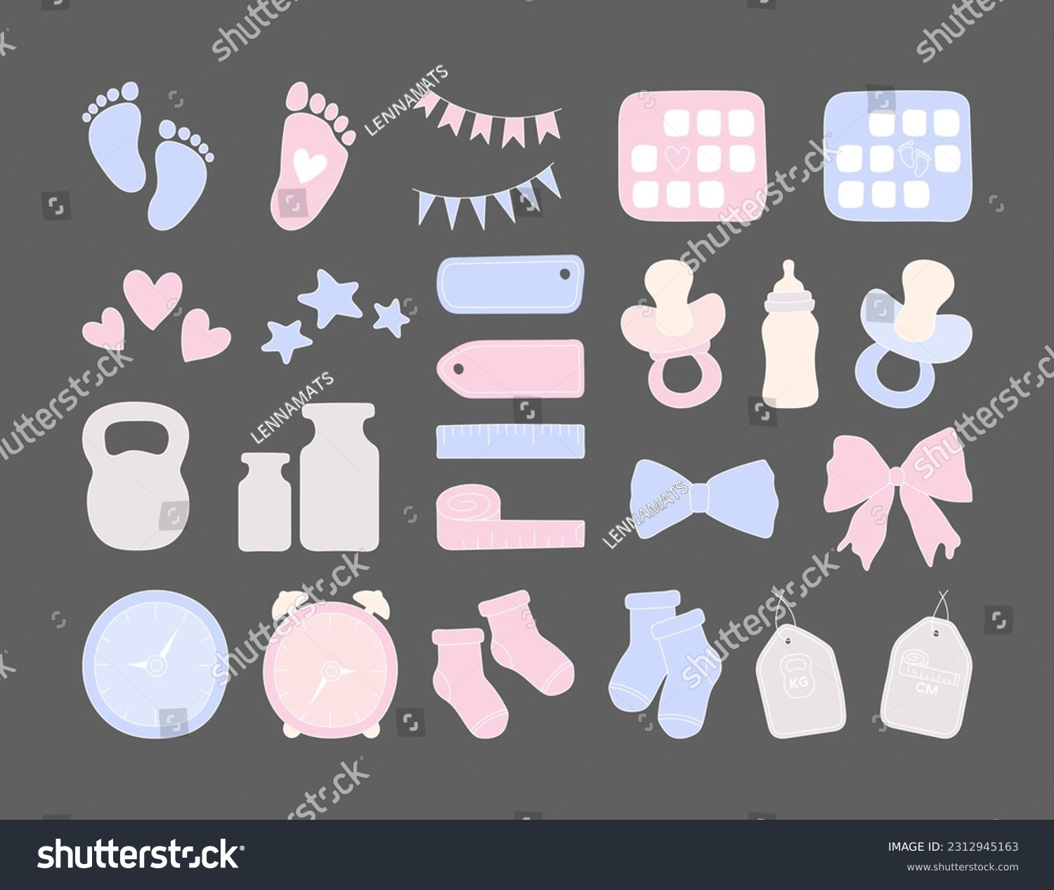SVG of Set baby metric colored doodles. Birth announcement. Set newborn hand drawn elements. Gender party vector icons. Birth stats colorful illustrations. Age, height, weight data and cute baby accessories. svg