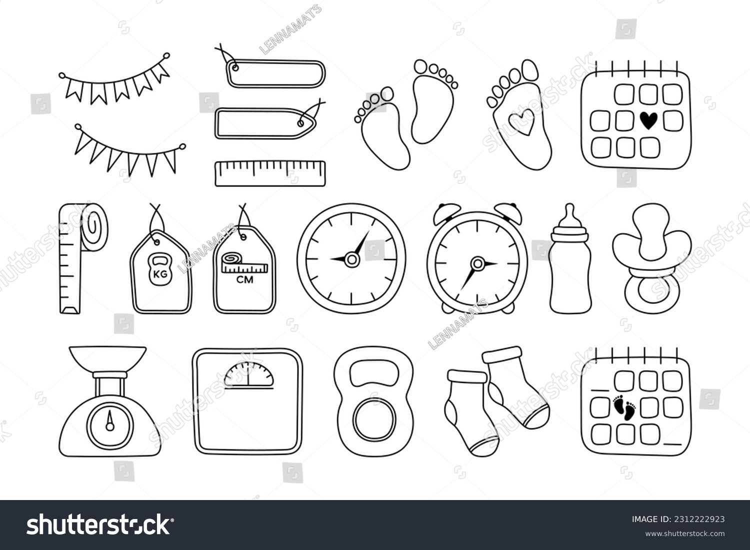 SVG of Set baby metric doodles. Birth announcement. Vector set newborn hand drawn elements. Gender party outline icons. Birth stats line art illustrations. Age, height, weight data and cute baby accessories. svg