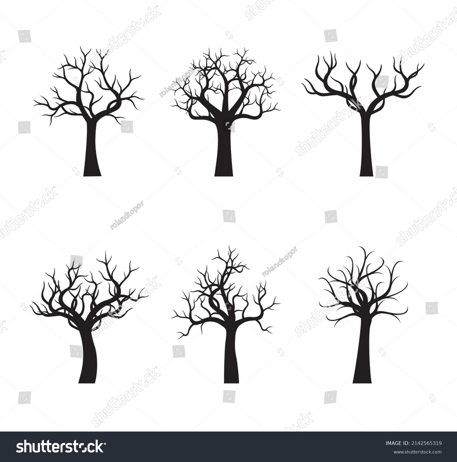 Set Black Naked Trees Vector Outline Stock Vector Royalty Free