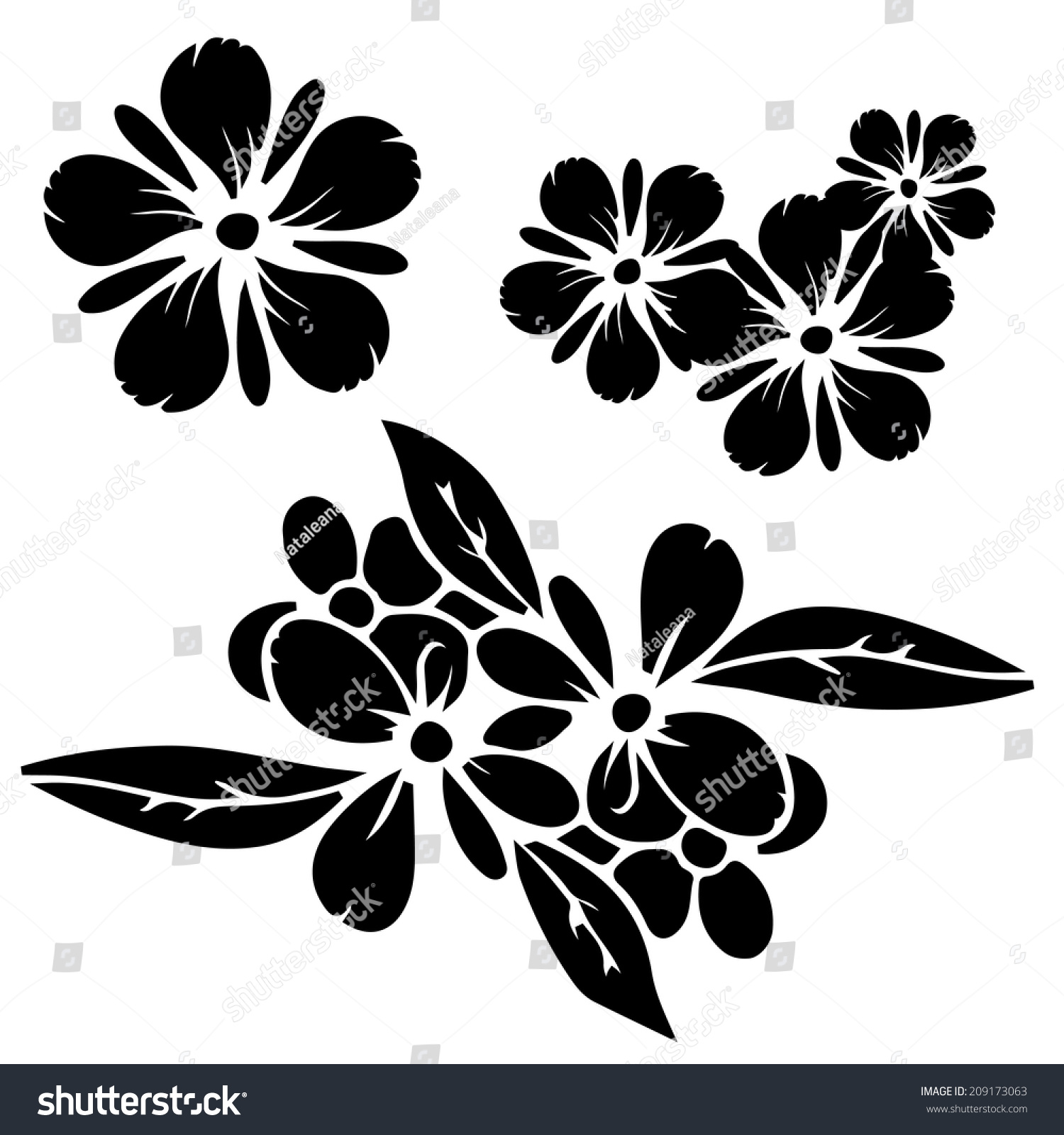 Set Black Silhouettes Flowers Isolated On A White Background. Floral ...