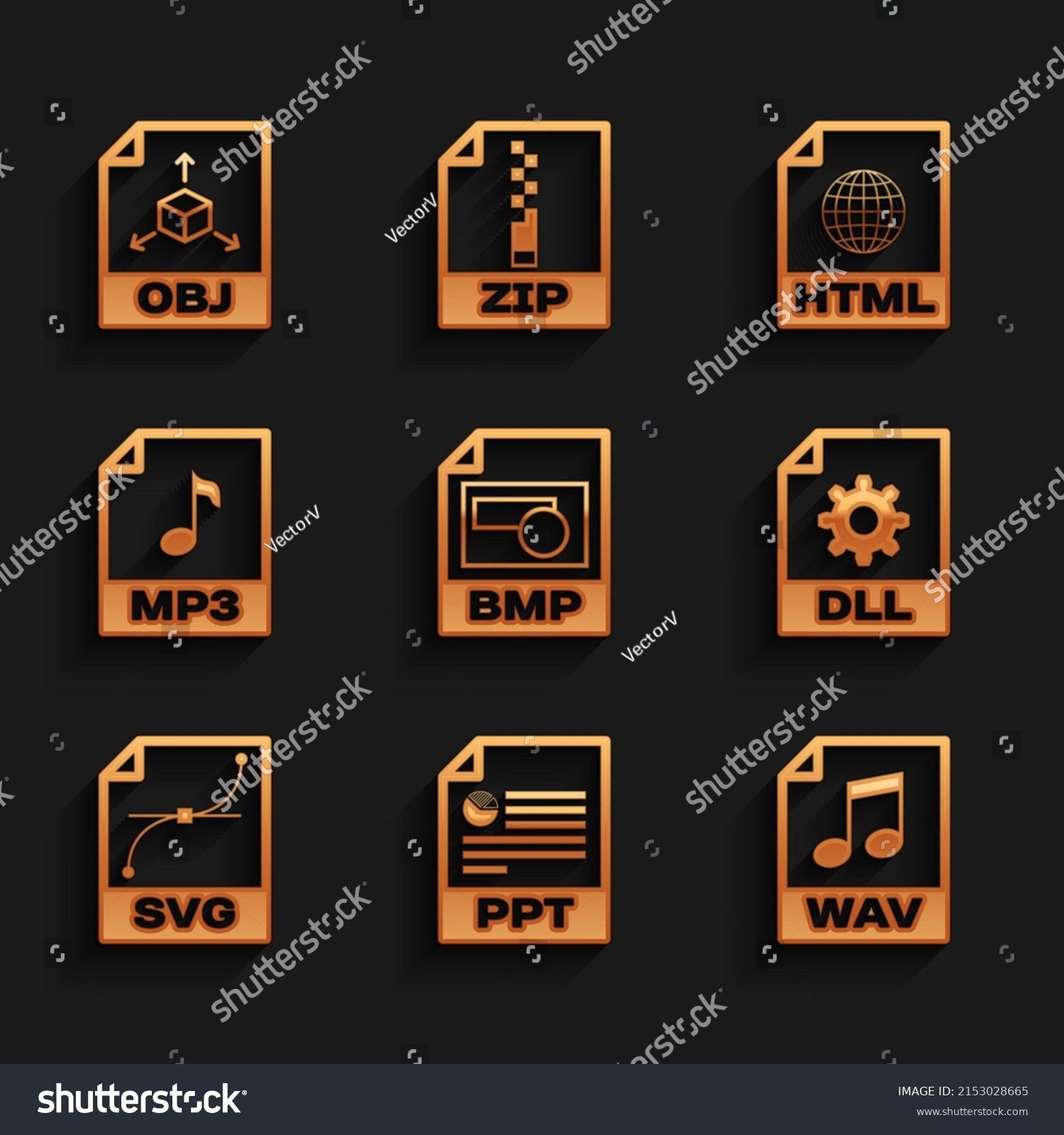 SVG of Set BMP file document, PPT, WAV, DLL, SVG and MP3 icon. Vector svg