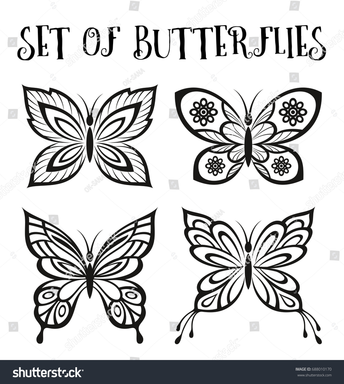 白い背景に白黒の絵文字に蝶を設定します ベクター画像 のベクター画像素材 ロイヤリティフリー
