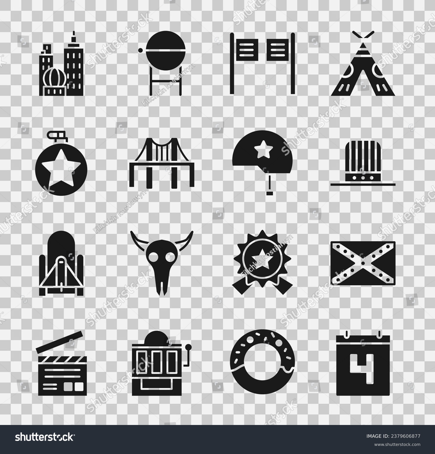 SVG of Set Calendar with date July 4, Flag Confederate, Patriotic American top hat, Saloon door, Golden gate bridge, Canteen water bottle, City landscape and Military helmet icon. Vector svg