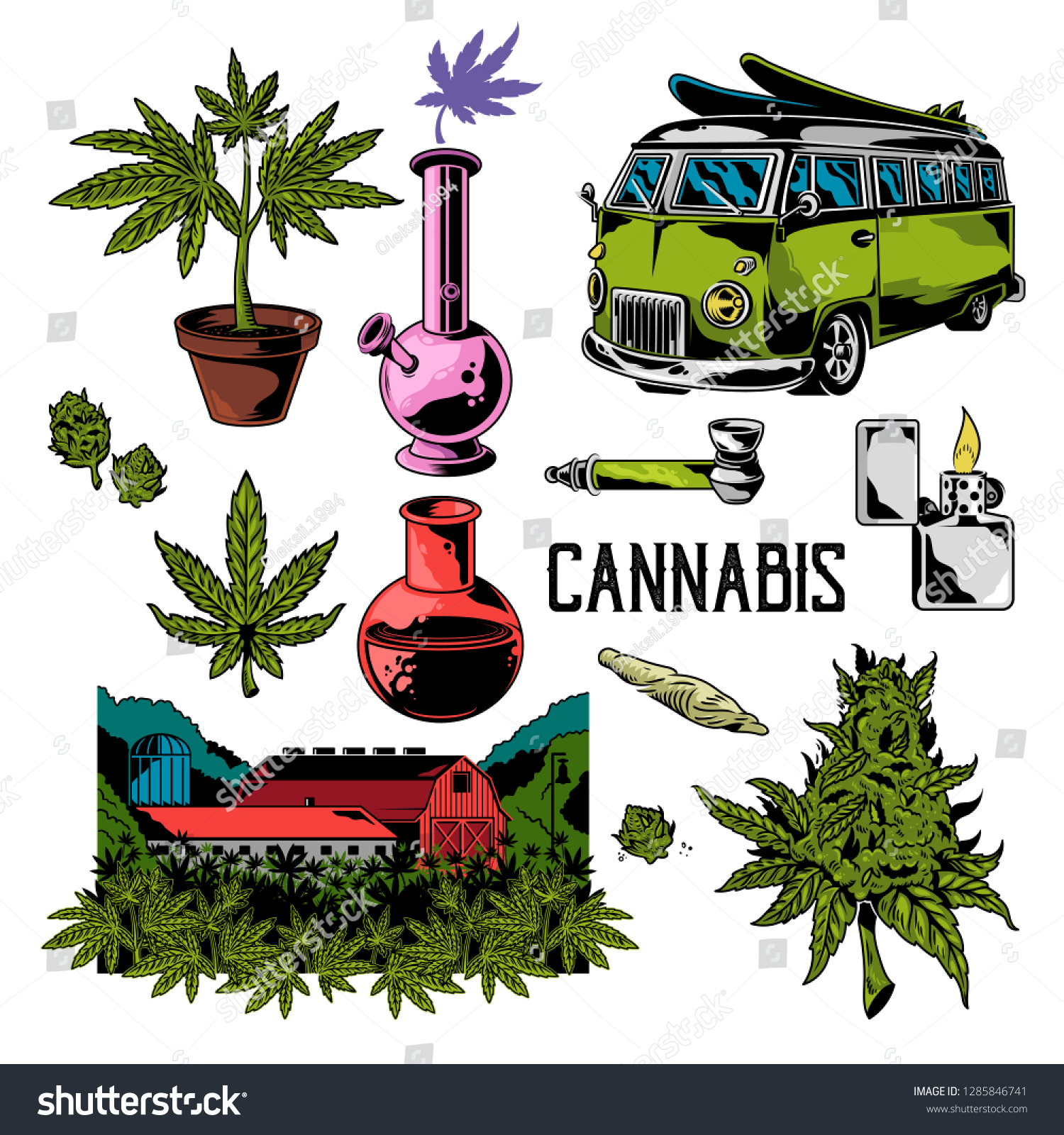 マリファナの葉を吸うための装置をカンナビスにセットする 大麻のビンテージ図面 レトロな旅行車の横に並ぶ自然農場 ポスターステッカーのパッチロゴ印刷のシャツの イラスト のベクター画像素材 ロイヤリティフリー