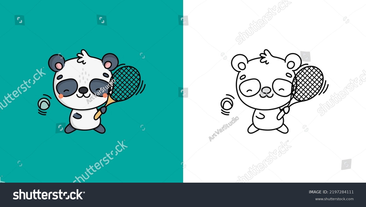 SVG of Set Clipart Panda Bear Athlete Coloring Page and Colored Illustration. Kawaii Panda Sportsman. Vector Illustration of a Kawaii Animal for Coloring Pages, Prints for Clothes, Stickers, Baby Shower.
 svg