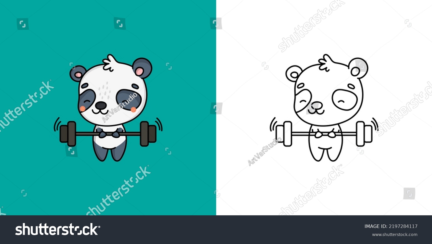SVG of Set Clipart Panda Bear Sportsman Multicolored and Black and White. Kawaii Panda Sportsman. Vector Illustration of a Kawaii Animal for Prints for Clothes, Stickers, Baby Shower, Coloring Pages.
 svg