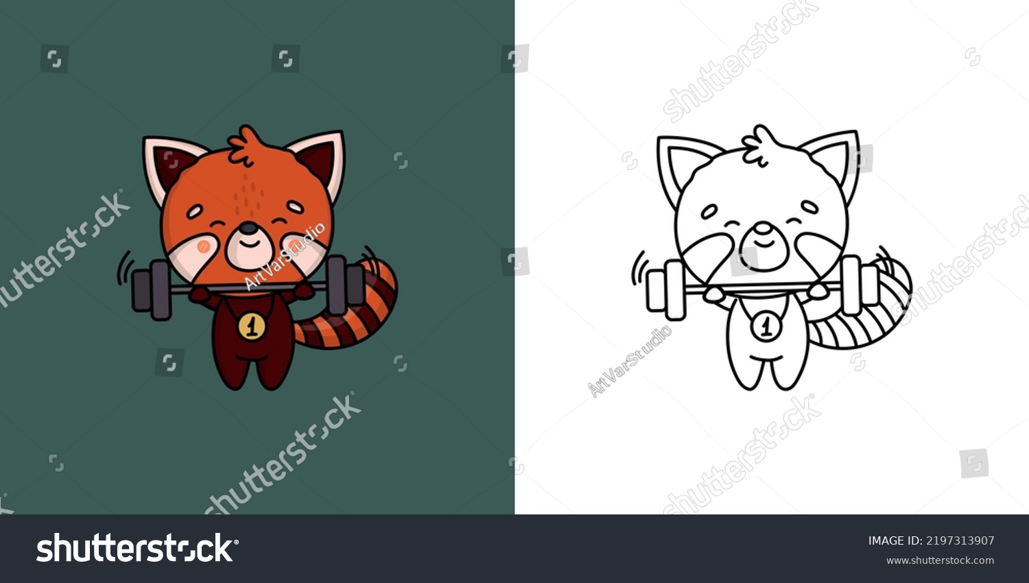 SVG of Set Clipart Red Panda Athlete Coloring Page and Colored Illustration. Kawaii Animal Sportsman. Vector Illustration of a Kawaii Animal for Coloring Pages, Prints for Clothes, Stickers, Baby Shower.
 svg