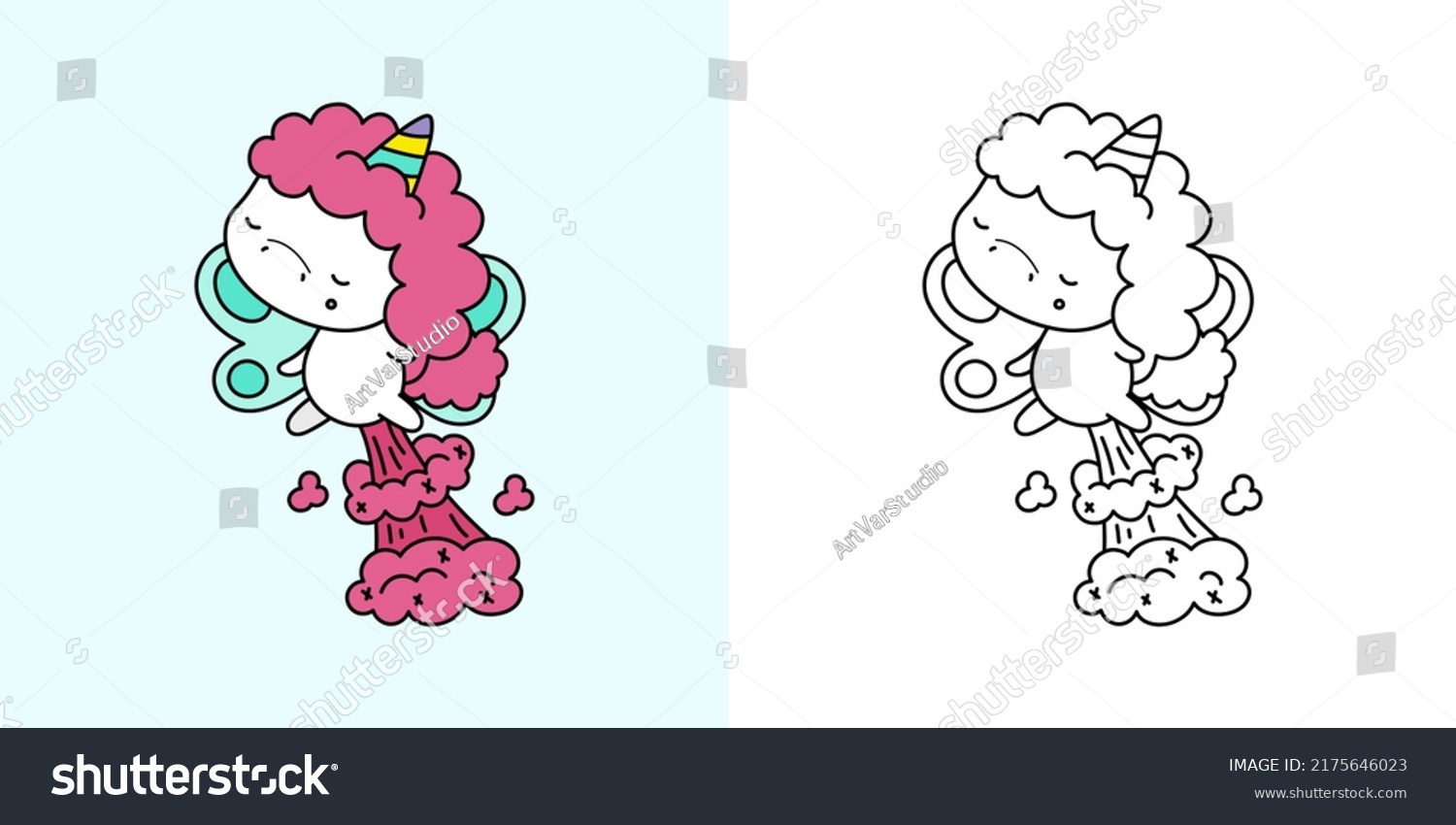 SVG of Set Clipart Unicorn Multicolored and Black and White Kawaii Clip Art Unicorn. Vector Illustration of a Kawaii for Prints for Clothes, Stickers, Baby Shower, Coloring Pages.  svg