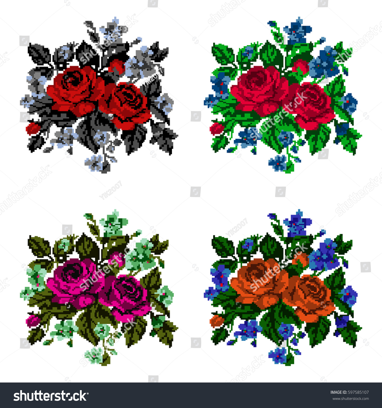 Color bouquet of flowers roses and cornflowers using traditional Ukrainian embroidery elements