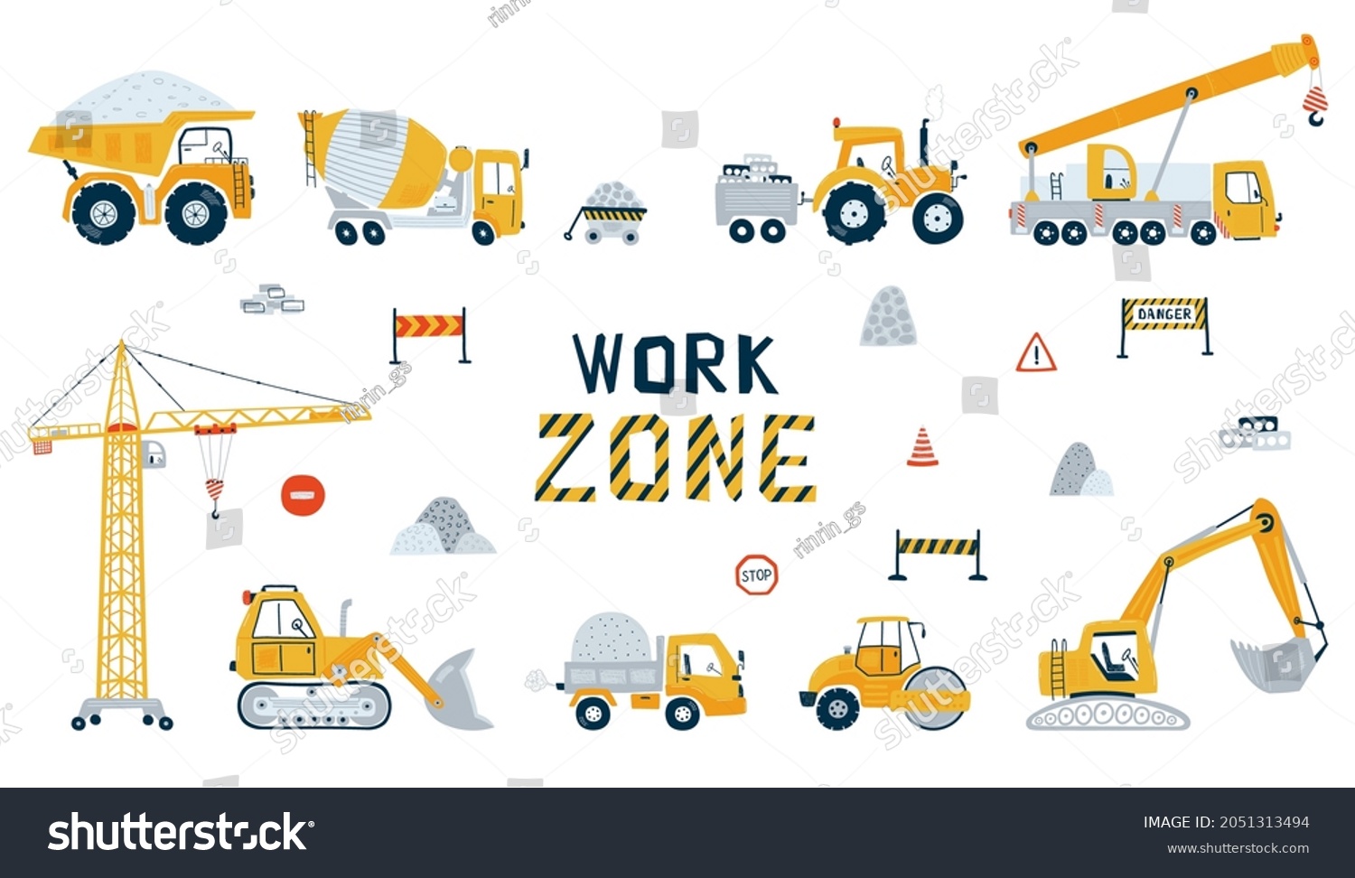 SVG of Set construction vehicle isolated on white background. Illustration with yellow cars truck, bulldozer and concrete mixer. Kids cars for design of children's rooms, clothing, textiles. Vector svg