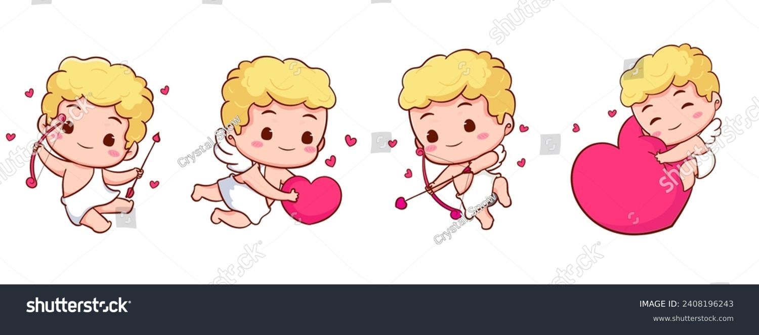 SVG of Set cute Adorable Cupid cartoon character. Amur babies, little angels or god eros. Valentines day concept design. Adorable angel in love. Kawaii chibi vector character. Isolated white background. svg