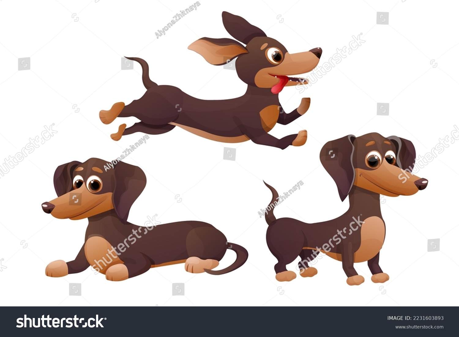 SVG of Set cute dachshund puppy, jumping, lying and standing and smiling in cartoon style, bright pet character isolated on white background. svg