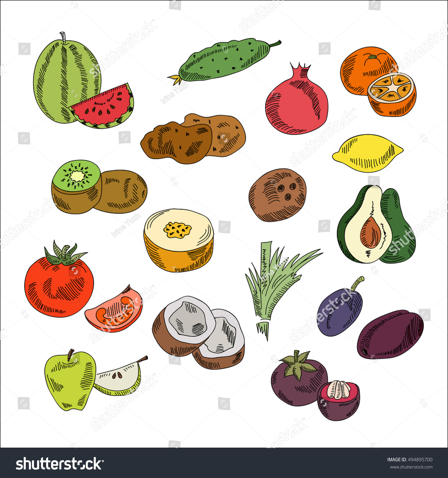 Set Doodles Elements Vegetables Fruits Vegetarian Stock Vector (Royalty ...