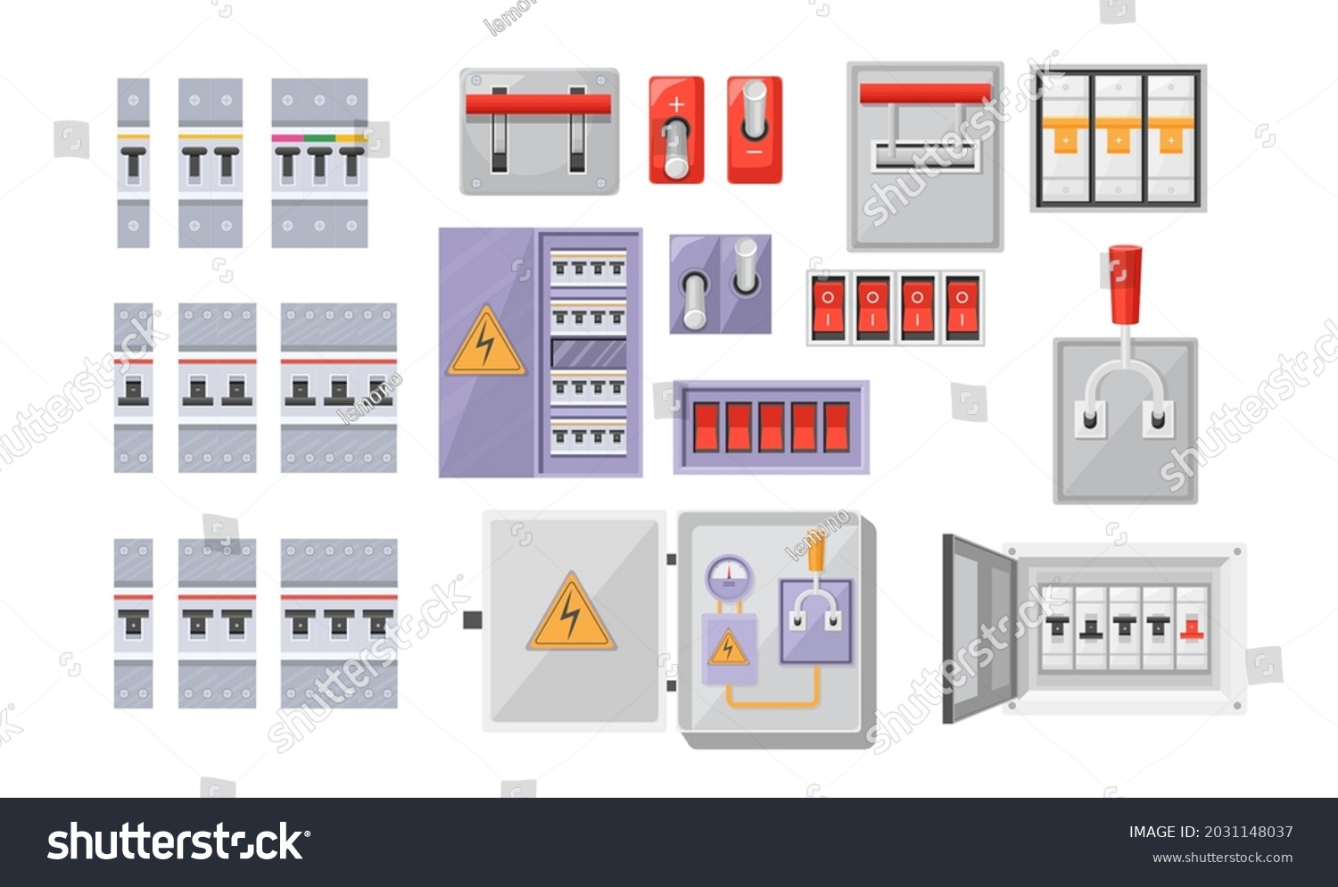 SVG of Set Electric Breaker Switchbox Electricity and Energy Equipment Red Buttons, Contact-breaker Isolated on White Background. Power Control, Switchboard Panel with Turners. Cartoon Vector Illustration svg