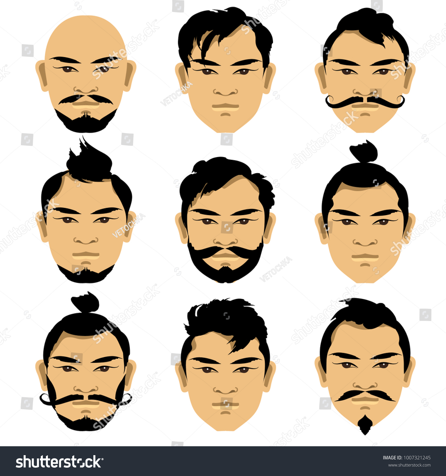 Set Faces Asian Men Different Hairstyles Stock Vector