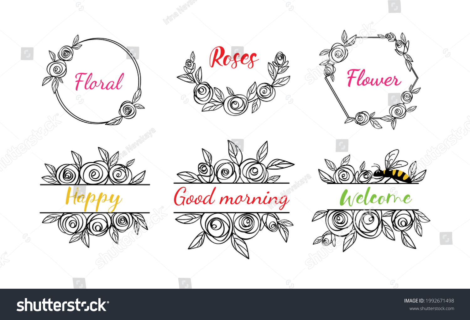 SVG of Set floral monograms in form of a frame on an isolated background. Monograms split with honey bee. Rose flower wreaths. Silhouette for plotter cutting SVG. Frame for decorating names at the wedding.  svg