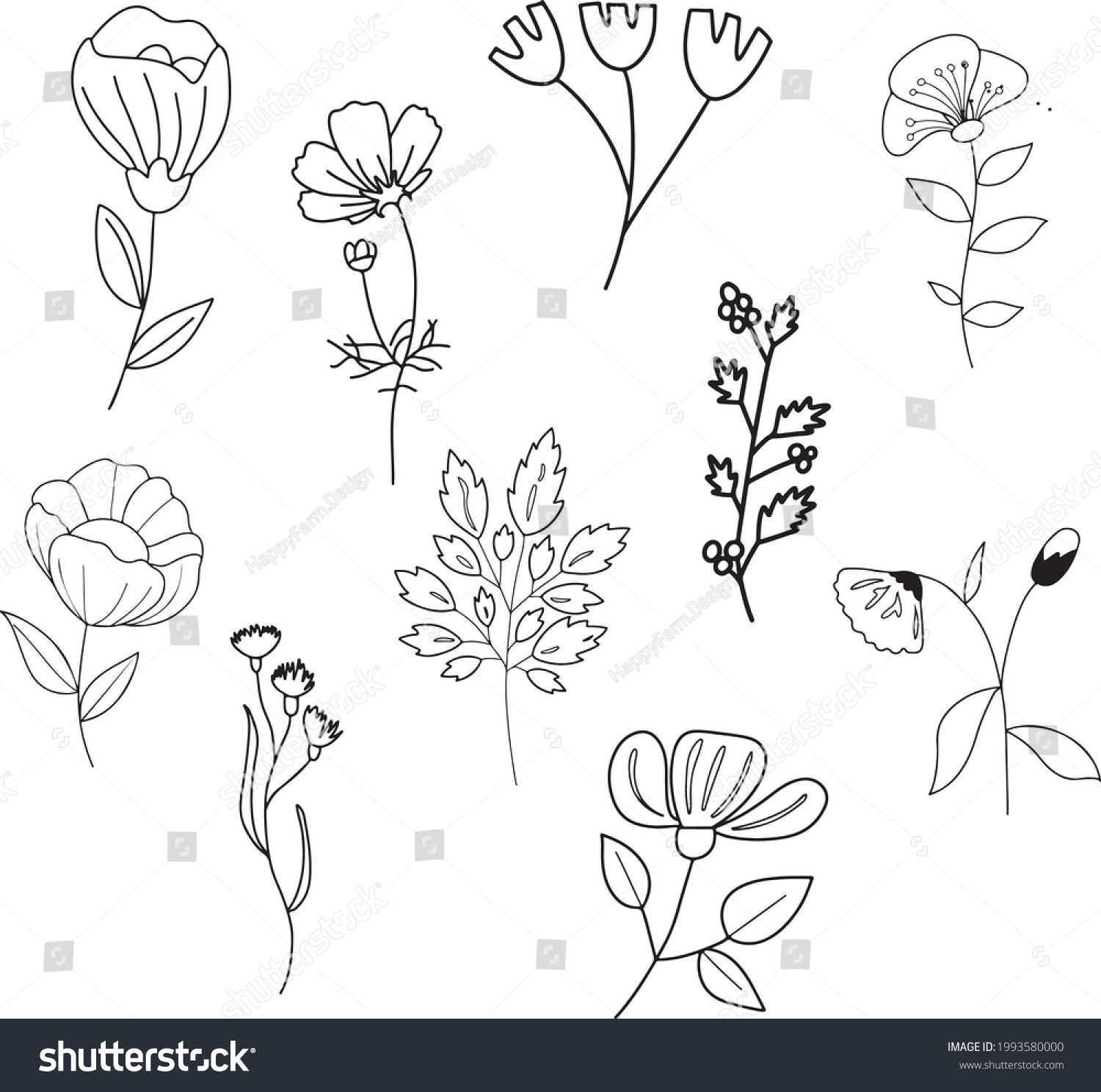 Set Flower Doodle Hand Drawing Clipart Stock Vector (Royalty Free ...