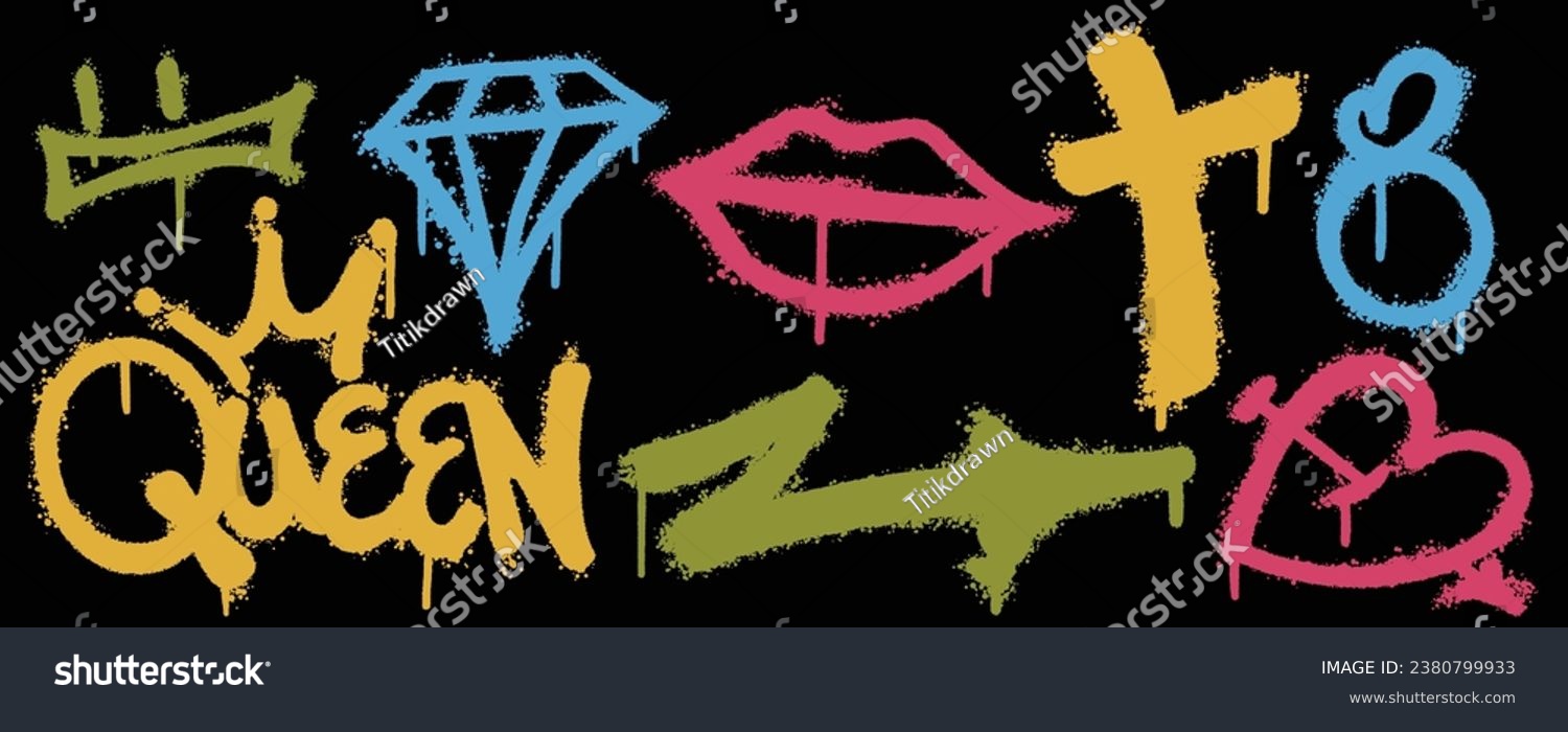 SVG of Set graffiti color spray paint. Collection of diamond, lips, love, arrow, queen  Isolated Vector svg