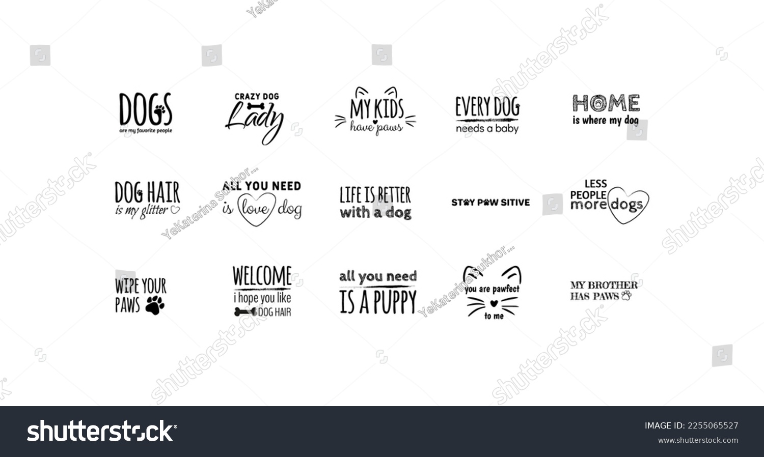 SVG of Set hand lettering positive quote about cat and dog, pet care phrases, calligraphy vector illustration collection. Woof you to the moon and back. Save a life, adopt a homeless pet. Positive quotes set svg