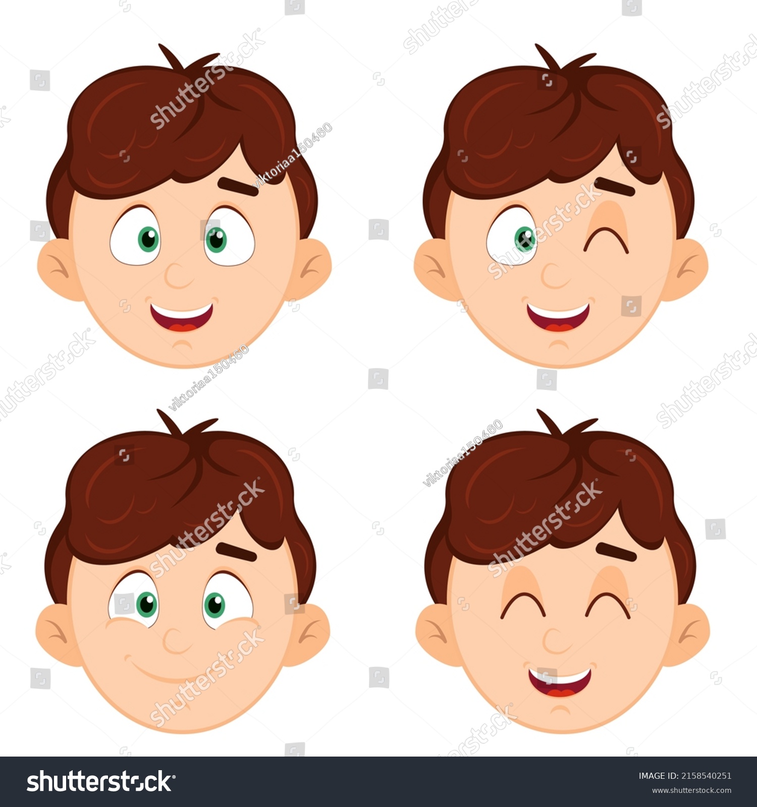 Set Heads Smiling Boy Brown Hair Stock Vector (Royalty Free) 2158540251 ...