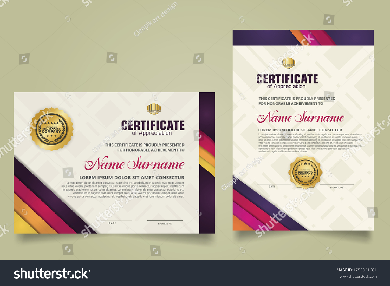 Set Horizontal Vertical Certificate Template Stripes Stock Vector