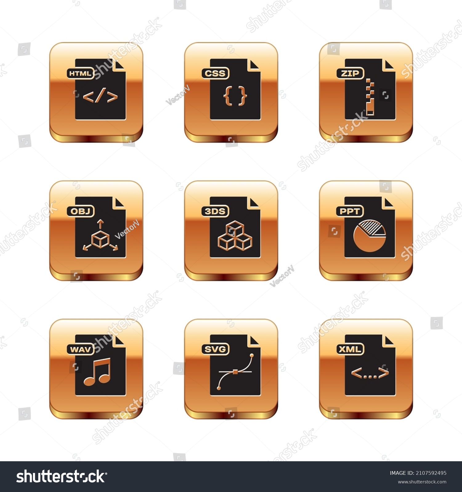 SVG of Set HTML file document, WAV, SVG, 3DS, OBJ, ZIP, XML and CSS icon. Vector svg