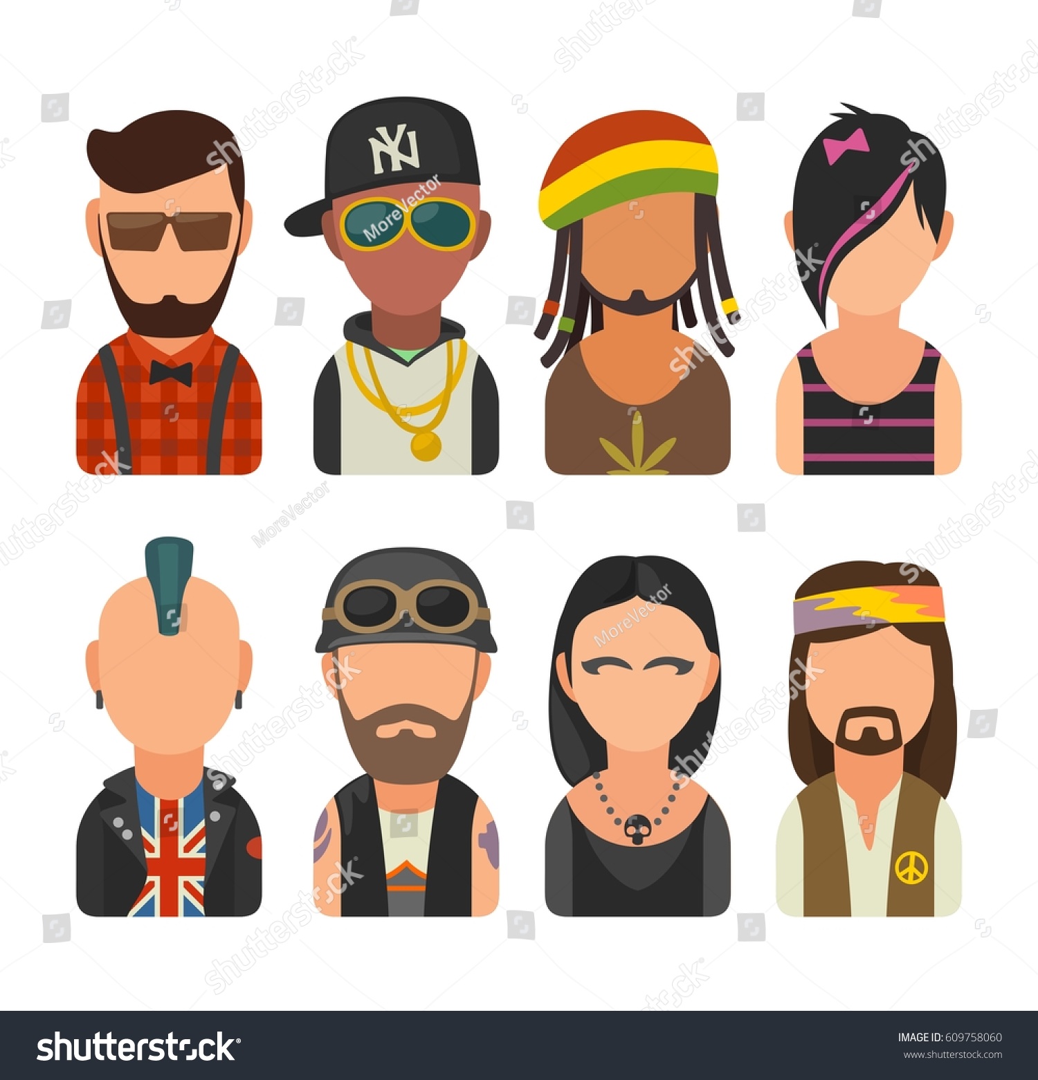 Set Icon Different Subcultures People Hipster Vector De Stock Libre De