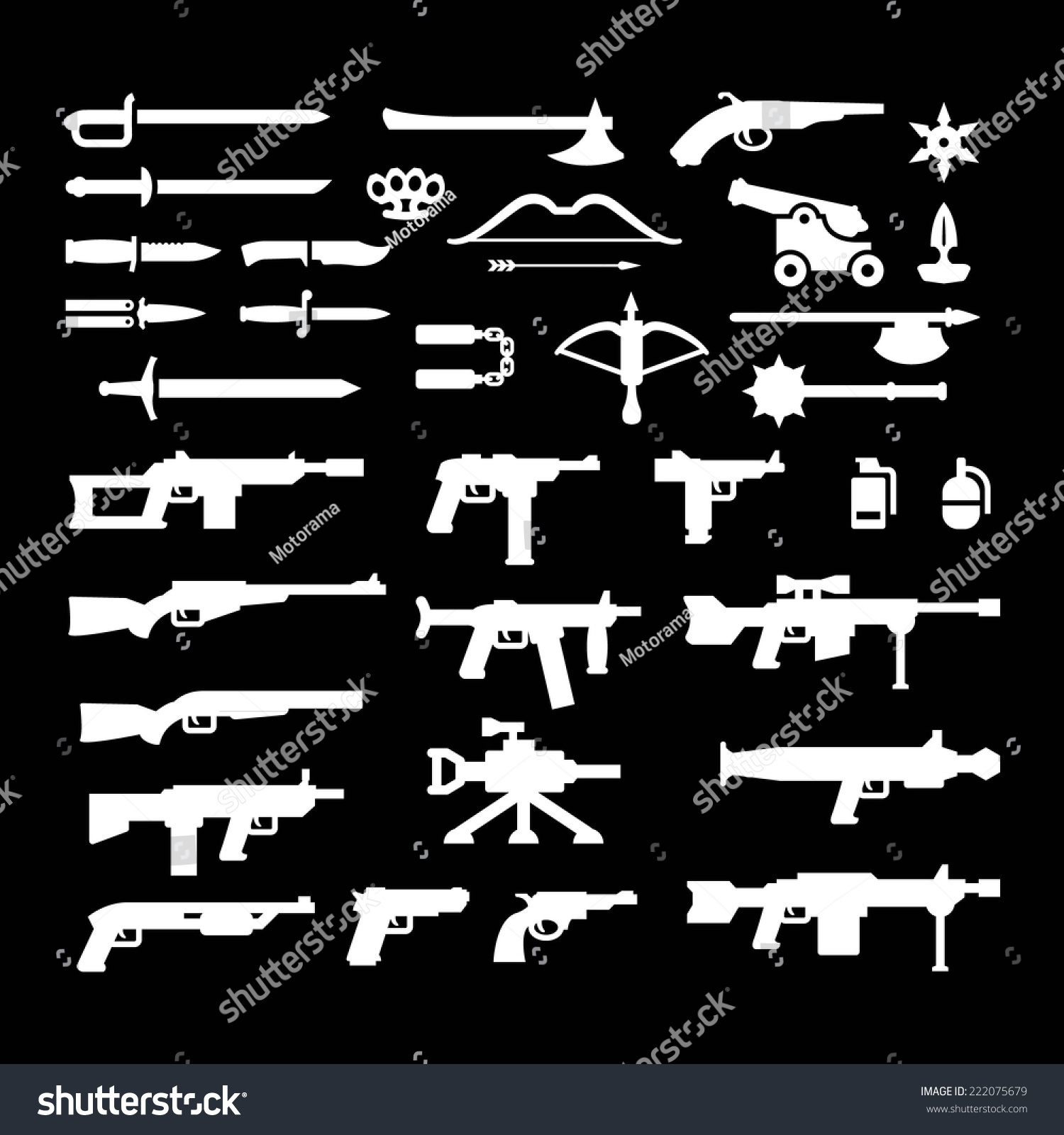 Set Icons Of Weapons Isolated On Black. Vector Illustration - 222075679