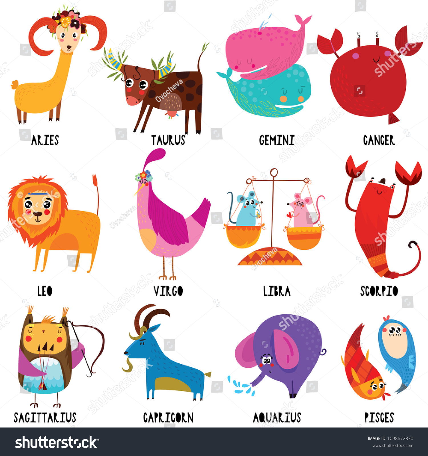 Set Illustration Cartoon Zodiac Signsfunny Characters Stock Vector Set Illustration Cartoon Zodiac Signsfunny Characters Stock Vector